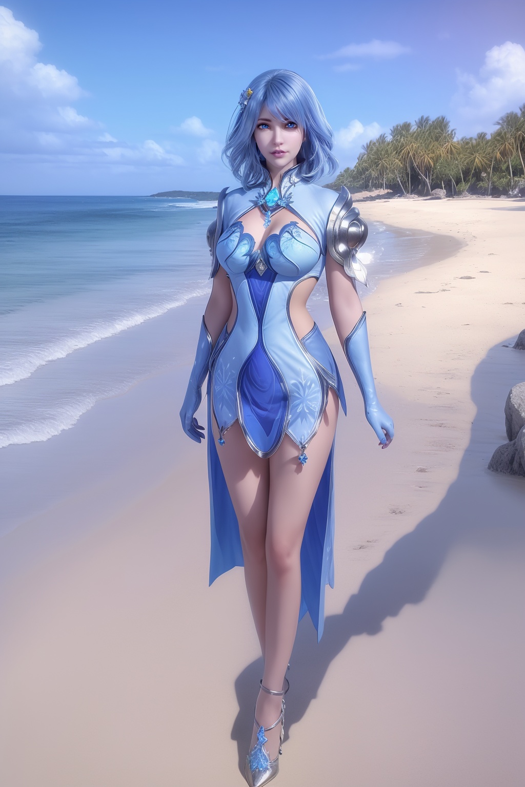 photo_\(medium\),(8k, RAW photo, best_quality),(masterpiece:1.2),(realistic:1.2),(photorealistic:1.3),(ultra-detailed),(extremely_detailed_cg_8k_wallpaper),(crystal_texture_skin:1.3),(shiny:1.2),(shiny_skin:1.4),(extremely_delicate_and_beautiful),Summer,Beach,Sea,sunshine,shenfengShuiBing,1girl,solo,torogao,short dress,blue dress,armor,blue hair,blue theme,blue gloves,single legwear,short hair,charm,breasts,large breasts,standing,jewelry,hair ornament,lips,realistic,looking at viewer,high heels,<lora:shenfengShuiBingEr_20240510074913-000007:0.7>,