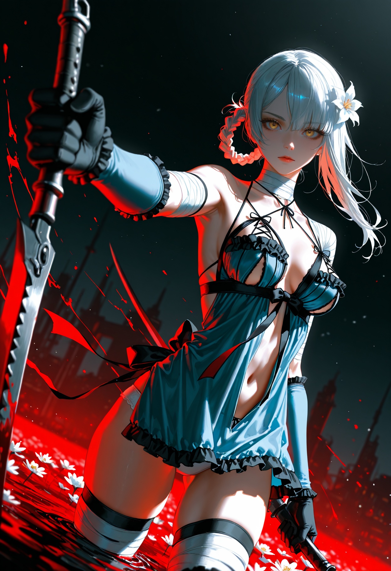 very awa,newest,highres,absurdres,(kaine \(nier\), 1girl, solo, breasts, looking at viewer, gloves, thighhighs, navel, closed mouth, medium breasts, underwear, panties, yellow eyes, white hair, braid, flower, weapon, cowboy shot, detached sleeves, black gloves, white panties, blood, bandages, white flower, lingerie, bandaged arm, cross-laced clothes, bandaged leg, braided hair rings, negligee, bandaged neck, wind, limited palette, h4ra_illu, dutch angle,dynamic pose, ,artist:john_kafka, artist:nixeu, artist:quasarcake, chromatic aberration, film grain, high contrast, color contrast, cold colors, gritty, graphite \\\\(medium\\\\),(flat color:1.5), masterpiece,best quality,amazing quality,depth of field,lazypos,lazyup,high detail,subtle,high contrast,colorful depth,chiaroscuro,impasto,(shallow depth of field:1.4),(foreshortening:1.4),ultra-detailed,sharp focus,ray tracing,best lighting,detailed illustration,detailed background,cinematic,beautiful face,beautiful eyes,ambient occlusion,raytracing,soft lighting,absolutely eye-catching,intricate cinematic background,dutch angle,dynamic angle,,