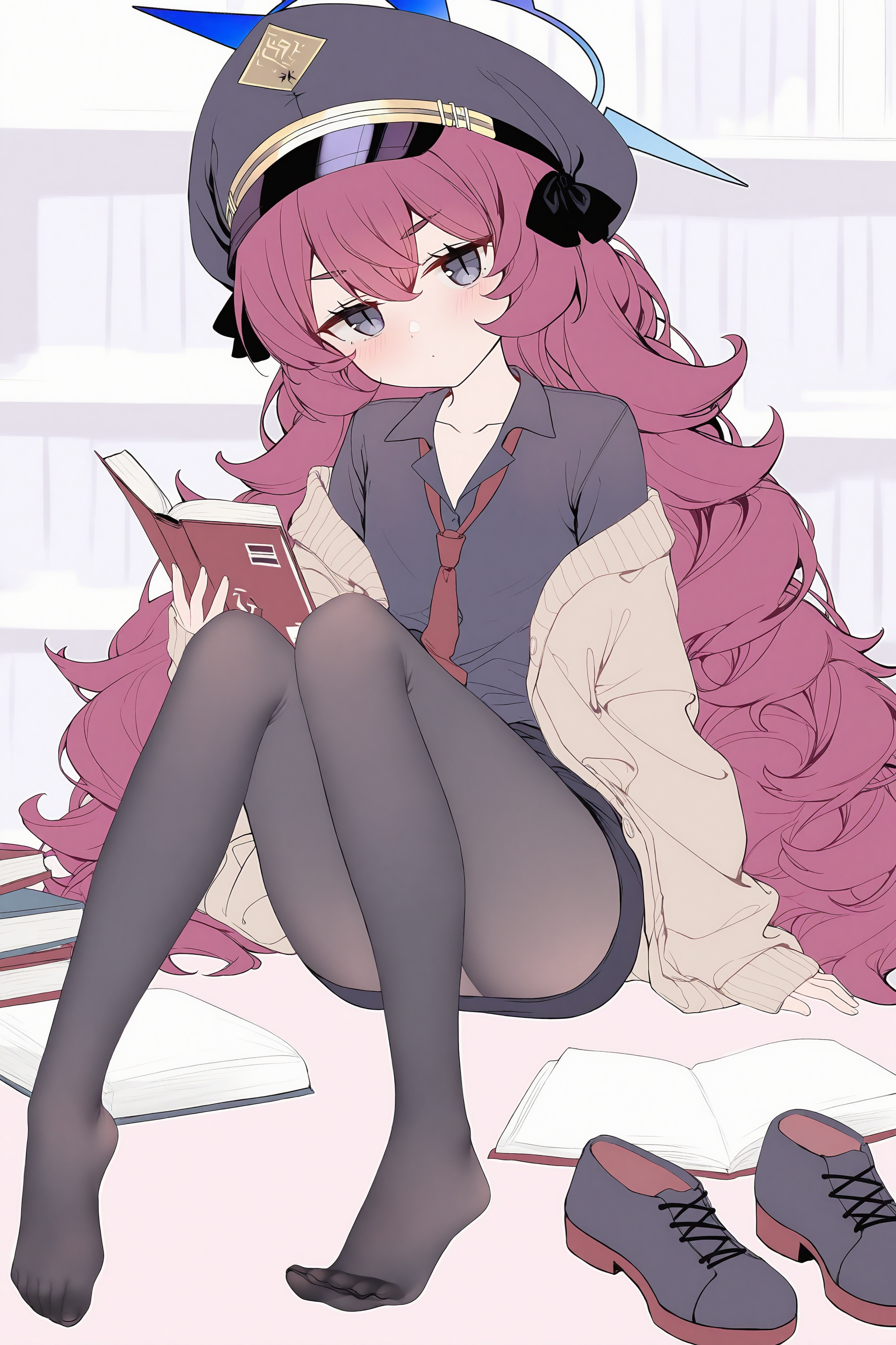 <lora:nai4.5zhengliu-ckxl0.2_v2:1>,high resolution,aesthetic,excellent,medium resolution,newest,year 2025,iroha \(blue archive\),1girl,solo,halo,book,necktie,pantyhose,hat,long hair,red necktie,red hair,shirt,black pantyhose,shoes,black shirt,peaked cap,looking at viewer,skirt,feet,grey eyes,sitting,unworn shoes,toes,black skirt,very long hair,black footwear,black headwear,wavy hair,collared shirt,loose necktie,legs,collarbone,bookshelf,hair between eyes,no shoes,cardigan,blush,holding book,military hat,head tilt,dot mouth,off shoulder,closed mouth,open book,