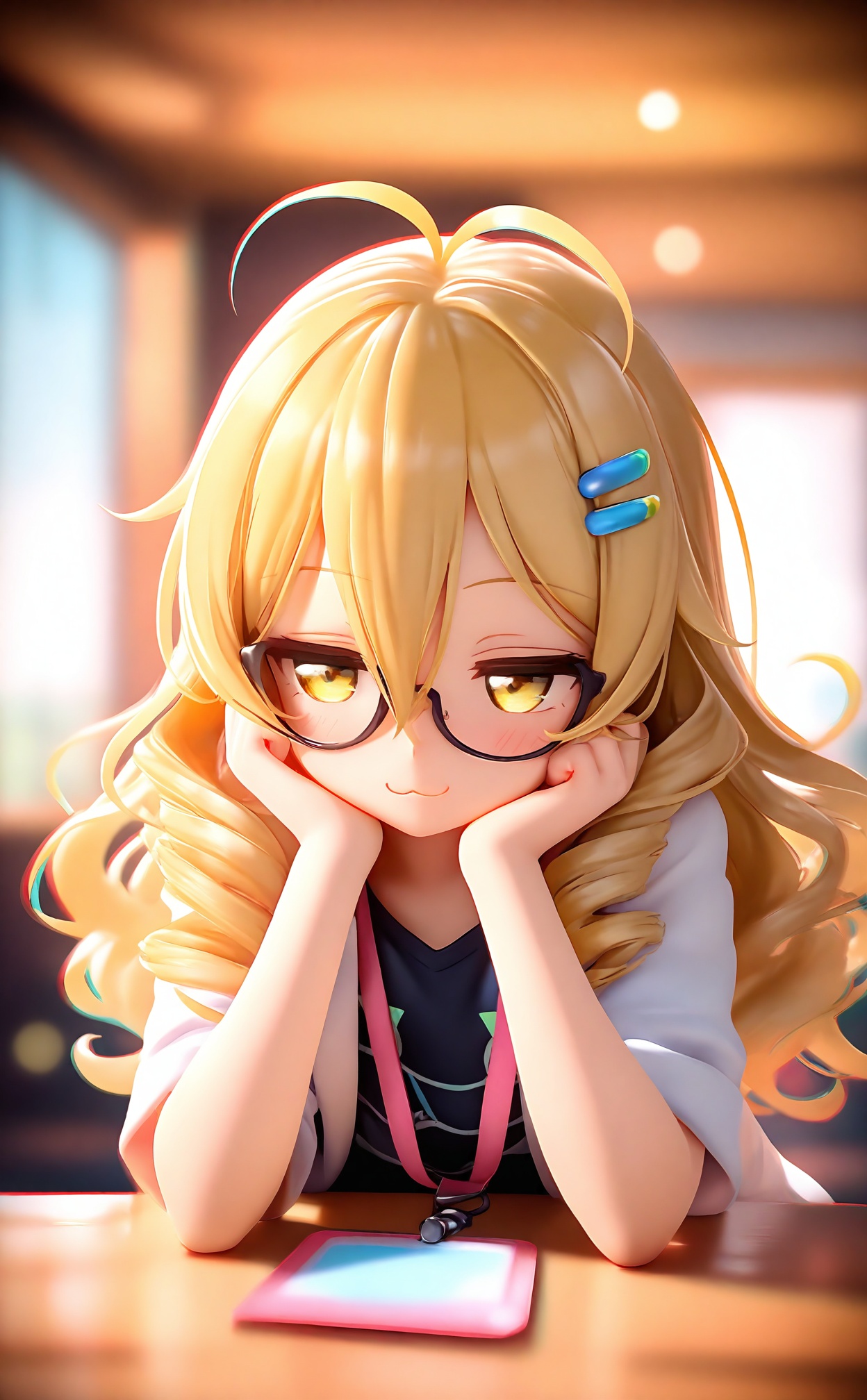 masterpiece,absurdres,best quality,loli,petite,high quality,chromatic_aberration,//,1girl,solo,petite,loli,long hair,long wavy curly hair,blonde_hair,yellow_eyes,antenna hair clips,bangs,hair between eyes,lab coat,focus,hands on own face,head rest,t-shirt,hands on own cheeks,closed mouth,half-closed.eyes,lanyard,black-framed eyewear,elbows on table,blurry,short sleeves,upper body,smile,:3,(8 years old girl with the flowing hair),(cute atmosphere),//,Depth of field,(colorful),hdr,Tyndall effect,depth of field,Tyndall Effect,blurry,blurry_background,depth_of_field,bokeh,glowing,//,<lora:MMDguangwuran5——【noob】hans:1>,
