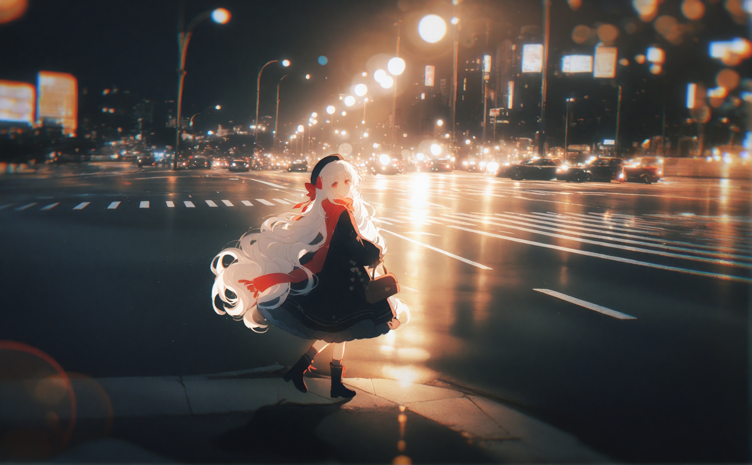 miracle, miracle, 1girl, solo, long hair, very long hair, white hair, road, black footwear, wide shot, boots, outdoors, night, city, crosswalk, standing, looking at viewer, car, street, cityscape, dress, red eyes, bow, blurry, scarf, building, red bow, ribbon, motor vehicle, looking back, bag, full body, scenery, red scarf, city lights, lamppost, bokeh, black dress, long sleeves, depth of field, skirt, chromatic aberration, black headwear, hair bow, socks, holding, lens flare, smile, sidewalk, wavy hair, black skirt, red ribbon, sleeves past wrists, night sky, hair ornament, hat, frills, holding bag, walking, sign, closed mouth<lora:konya666up-000025:0.8>