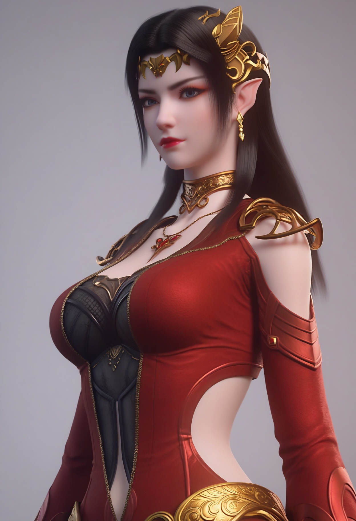 score_9,score_8_up,score_7_up,high detail,best quality,cinematic lighting,volumetric lighting,shiny skin,shiny,1girl,solo,white background,long hair,jewelry,black hair,pointy ears,simple background,earrings,red dress,necklace,hair ornament,dress,breasts,clothing cutout,closed mouth,blue eyes,looking at viewer,realistic,red lips,brown hair,red nails,upper body,thighs,<lora:QQSponymeidushaV2:0.8>,<lora:Pony_DetailV2.0:0.8>,<lora:皮肤凹痕:0.1>,
