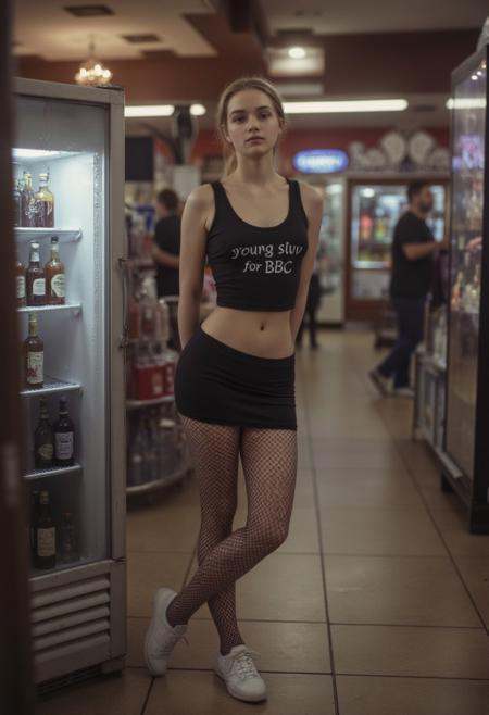 photorealistic shot of a young woman with ponytail ginger hair,  stands on refrigerator with alcohol,  hands on legs on Te...