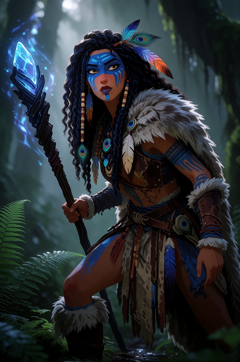 CartoonLadies style. A detailed portrait of a 30-year-old female warrior of distinct Indigenous heritage,  characterized b...