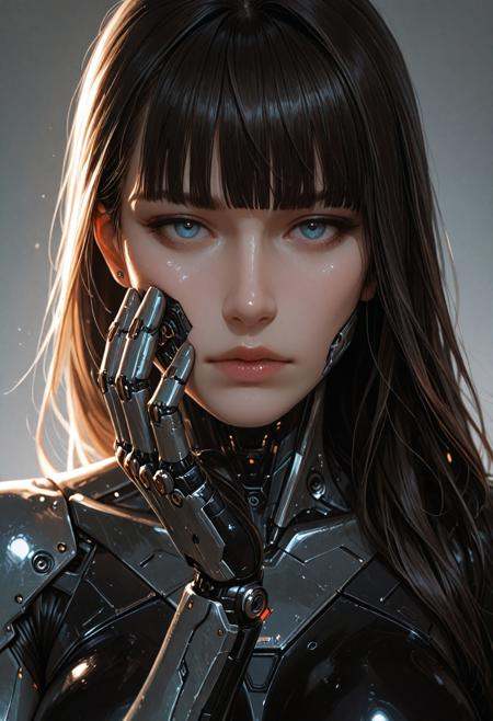 portrait, extreme close-up, face focus, cyberwear on face, mechanical cheeks, metal cheeks, steel cheeks, android, cyborg, lazypos, 1girl, detailed eyes, (pretty face), (detailed face), (slender, lean, fit, athletic:1.5), rating_explicit, rating_nsfw, (sexy), defined midriff, skindentations, medium breasts, (perfect body), photo-realistic, realistic skin, realistic textures, detailed skin, photorealistic, ultrarealistic, 8k, impossible clothing, hypersexualized, mature themes, inappropriate content, vulgar, obscene, nsfw, explicit, ***** content, erotic, suggestive, intimate, provocative, A close-up digital illustration shoot from a close up camera angle about a futuristic female character with robotic features, showcasing intricate details and a serious expression. the image also shows a highly detailed and realistic style, with a focus on the mechanical parts of the character's face and upper body. on the middle of the image, a woman with pale skin and blue eyes, who appears to be in her early twenties, with long, straight, dark brown hair and a slender physique, is facing the viewer with her eyes looking directly at the viewer. her expression is serious and intense, with her lips slightly parted and her nose pierced with a septum piercing. she is holding a large, metallic, robotic hand with intricate, mechanical details on both hands, which is positioned on the left side of her face. the background is a simple, light grey gradient, which contrasts with the dark and metallic tones of the robot's features. the lighting is soft and diffused, highlighting the intricate details of the robotic parts and the woman's face, creating a sense of depth and dimensionality. 1girl, solo, black hair, rating:general, realistic, looking at viewer, blue eyes, portrait, piercing, lips, close-up, science fiction, closed mouth, cyberpunk, cyborg, simple background, long hair, mechanical arms, blunt bangs, grey background,