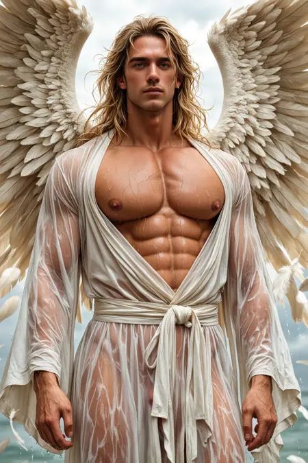 1boy, male focus, ((realistic)), angelic, massive angel wings, soft white feathers, twink, wet, homoerotic, flowing hair, ethereal facial features, perfect eyes, emerald iris, shear fabric white robes, open robes, big pectorals, big nipples, see-through robes, dynamic angle, dynamic pose, highly detailed face, realistic face, perfect quality, best quality, absurdres, highres, very awa, offset, micro details, ultra HD