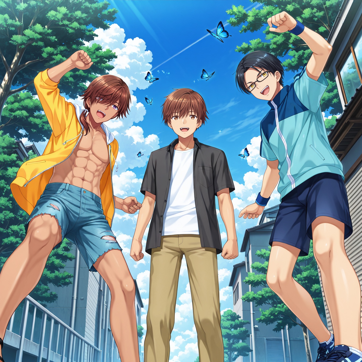 masterpiece,best quality,amazing quality,mitani ryouichi,kanou tenzen,takahara hairi,looking at viewer,smile,open mouth,shirt,brown hair,black hair,holding,brown eyes,jacket,purple_eyes,:d,outdoors,teeth,sky,shorts,glasses,pants,day,cloud,(hair over one eye:0.8),blue sky,tree,upper teeth only,sandals,3boys,bug,blue sneakers,building,butterfly,yellow hooded jacket,blue butterfly,torn denim shorts,blue track jacket,yellow eyes,dark blue shorts,(official art:0.1),(arm up:0.4),(Selfie:0.1),(outstretched arm:0.1),black collared shirt,(white shirt:0.8),brown pants,black shoes,(perspective:0.6),(from below:0.7),<lora:summer_pockets_V1_4:0.8>,(cowboy shot:0.7),(tan:0.7),