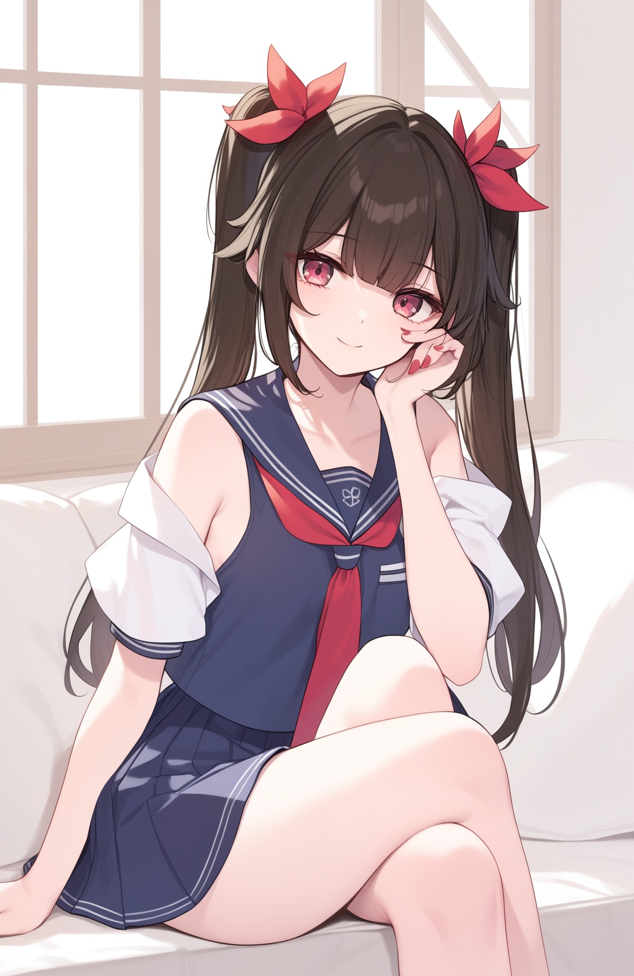 1girl,solo,looking at viewer,a girl named huahuo,huahuo,1girl,twintails,looking at viewer,bare shoulders,red nails,<lora:花火ponysnr:1>,indoors,wariza,school uniform, black thighhighs, sailor dress,, (score_9,score_8_up,score_7_up),(masterpiece,best quality,high quality:1.2),absurdres,