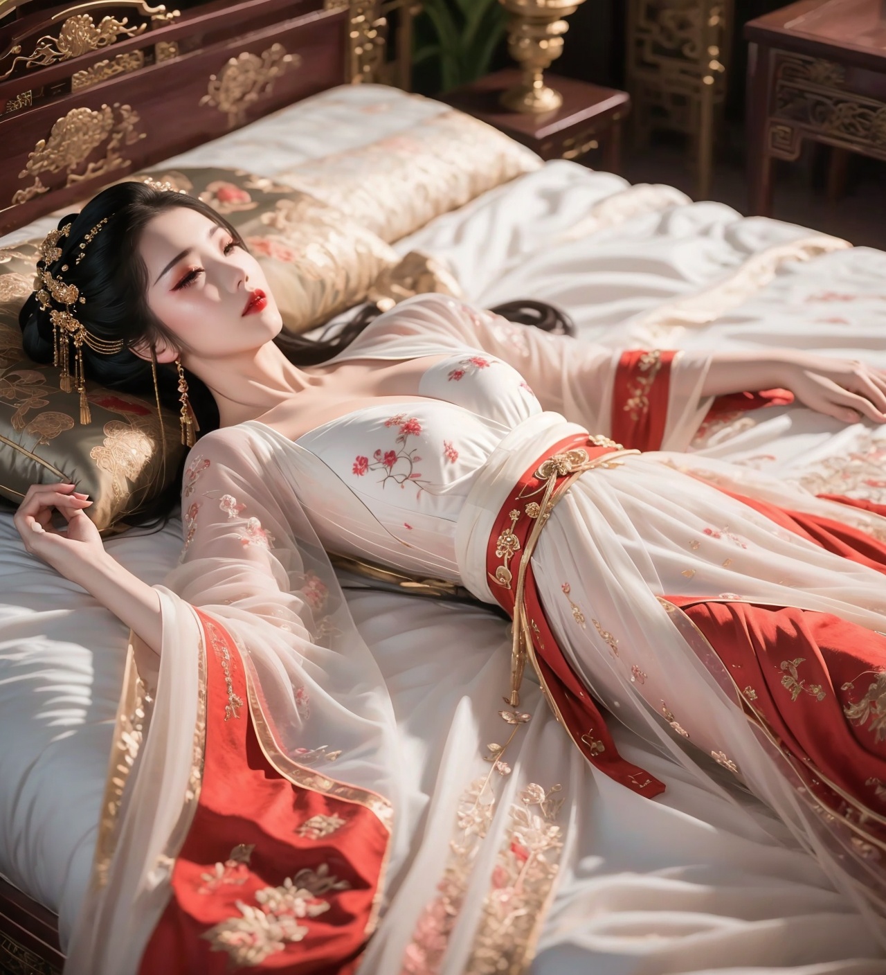 1girl,jewelry,red_lips_,lipstick,eye makeup,black hair,diamond drop earrings,plump breasts,(solo:1.5),<lora:眼妆金色1.1:0.5>,hanfu,chest,lying in bed,sleeping,lying,on back,<lora:汉服躺在床上1.2:0.8>,upper body,