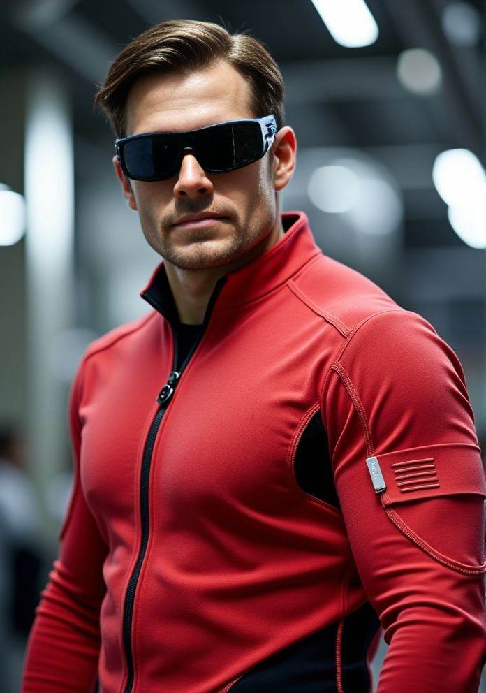 Henry Cavill ,  Hi-res photo. He wears futuristic electronic glasses. He is wearing a light red,  close fitting flight sui...