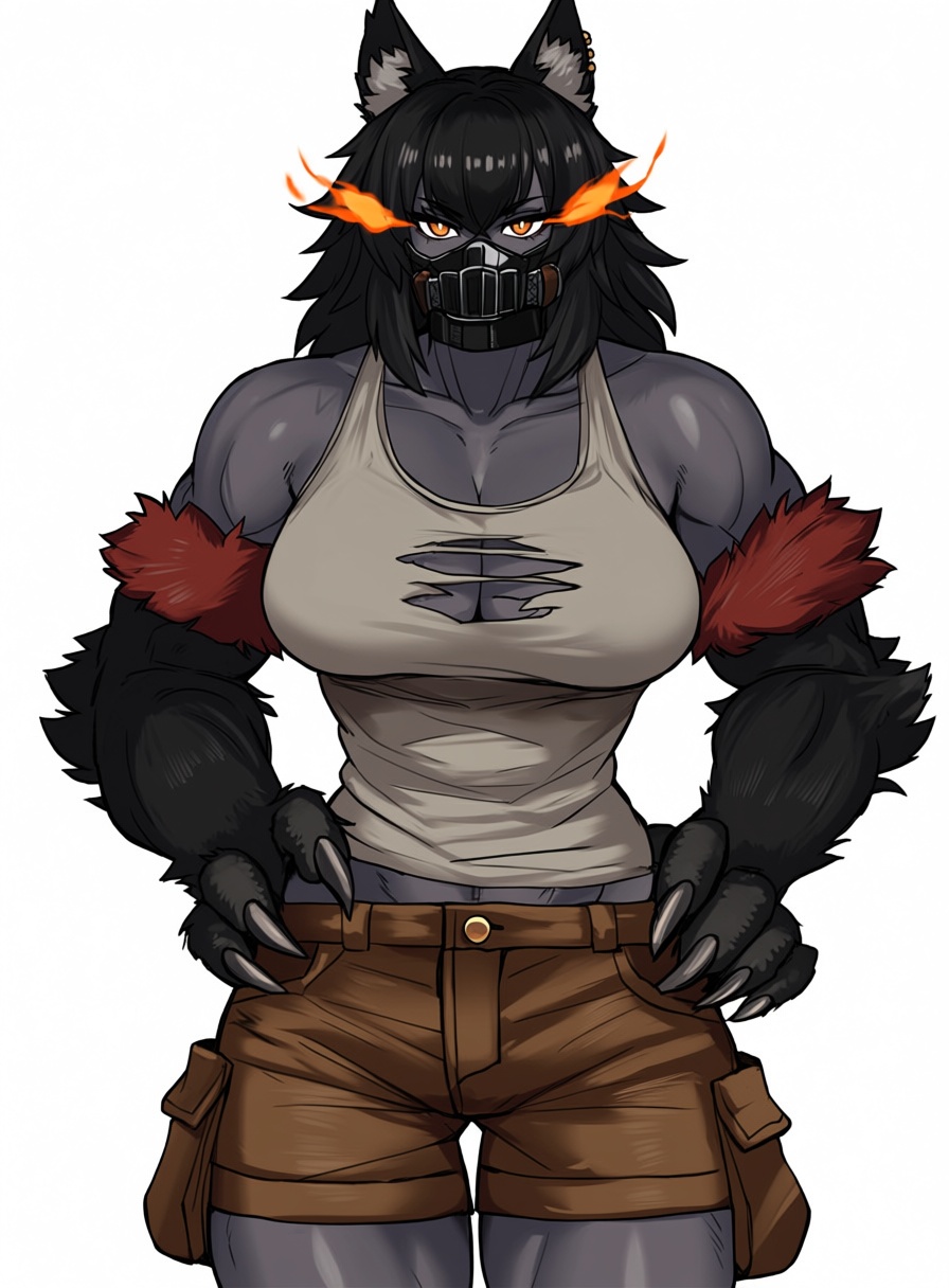 九代艾奇_Style,  monster girl,  a werewolf hellhound monster girl with black fur and eyes that are flaming. She has huge paws...