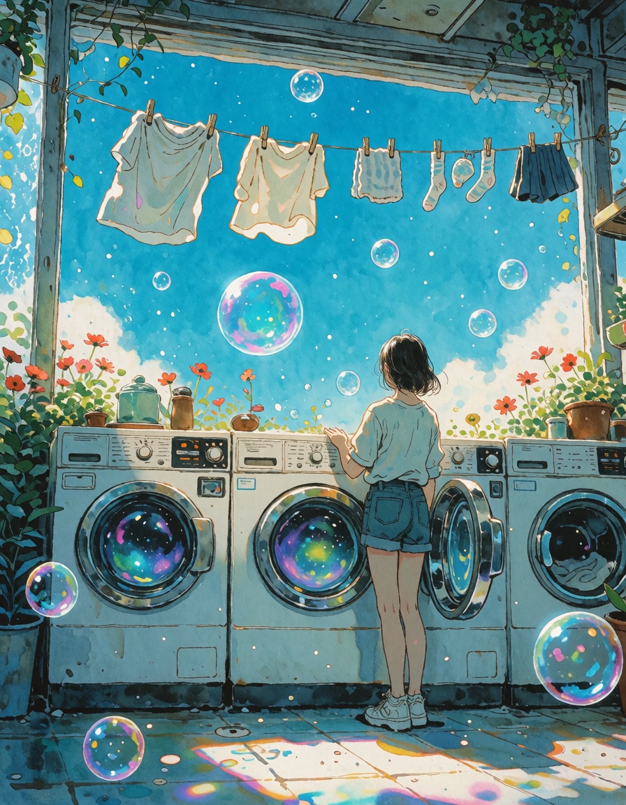 A dreamy anime style ink illustration of a quiet laundromat opening onto a brilliant cyan blue sky. A young woman stands w...