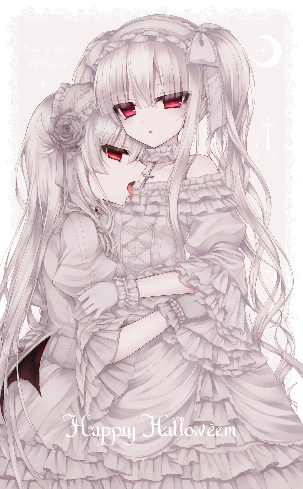masterpiece,absurdres,best quality,((petite)),loli,high quality,white theme,//,multiple_girls,2girls,red_eyes,lolita_fashion,purple_eyes,long_hair,gothic_lolita,yuri,dress,white_hair,gloves,vampire,happy_halloween,lolita_hairband,cross,hairband,licking,flower,goth_fashion,twintails,frills,choker,//,<lora:月影ネム——【CKXL】hans:1>,