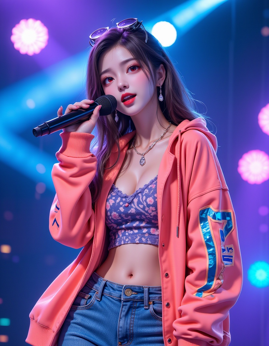 Charming and fashion-forward South Korean young woman performing on stage; wearing vibrant street style outfit(e.g., bright oversized hoodie or slim-fit denim jacket with unique patterns) paired with trendy underlayer,perhaps with a subtle crop top hint; she is singing into a sleek wireless ear microphone (earpiece clearly visiblebut integrated look), lips slightly parted in song, eyes sparkling and showing a playful, mischievous smile thathints at her personality; dynamic pose on the stage floor or small platform, surrounded by spotlights creatingdramatic highlights and shadows; background focuses on an abstract stage design with glowing elements or vibrantcolorful lights; overall aesthetic is modern K-Pop idol style meets street fashion, conveying confidence, energy,and a fun vibe through detailed illustration.