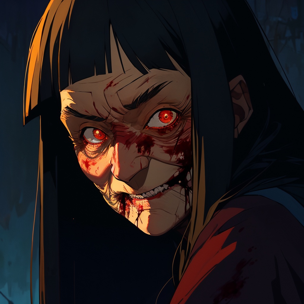 (masterpiece:1.2),best quality,8k wallpaper,anime,gnawo,dark,1girl,solo,looking at viewer,(red eyes:0.5),black hair,bangs,teeth,long hair,blood,blood on face,old_woman,