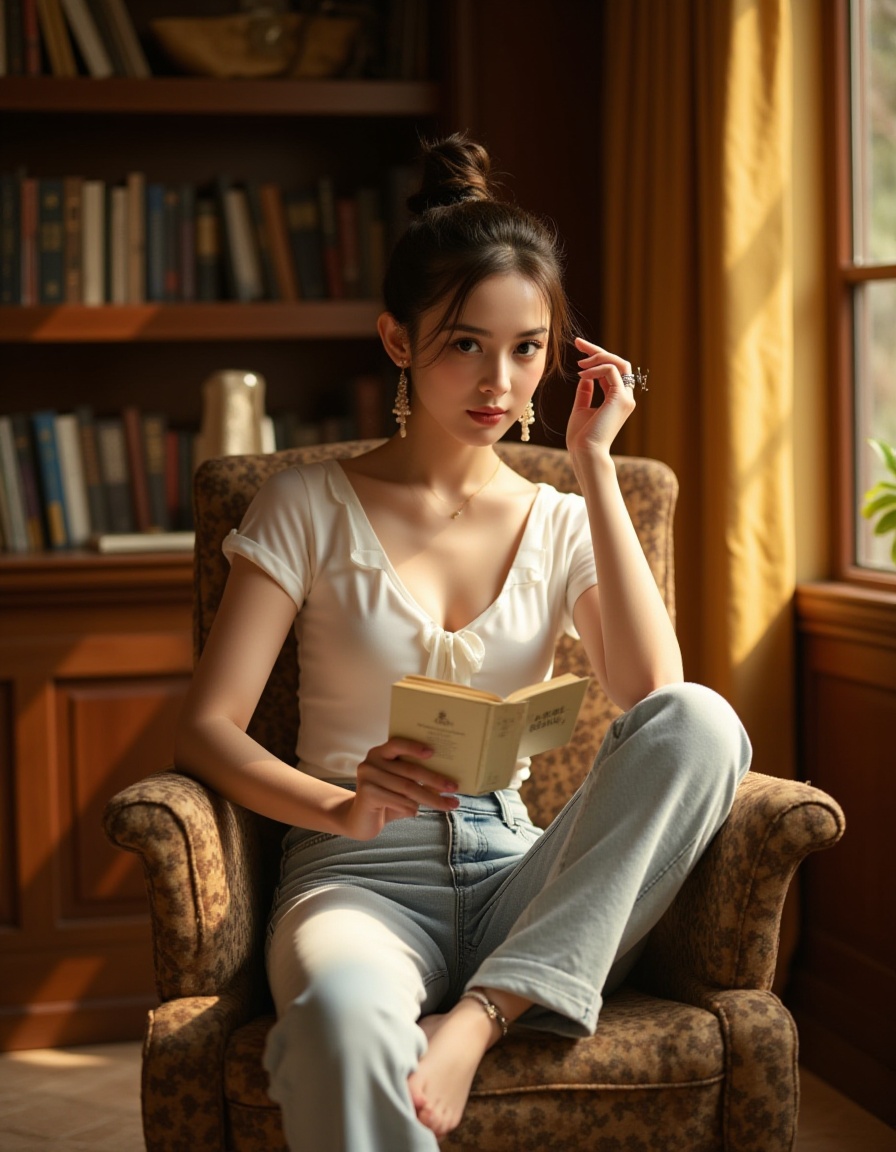 Create a picture of literary and artistic life style, focusing on the characteristics of the characters: bun, white vest, light-colored jeans, sitting posture (hands holding hair, legs crossed), holding a book, and using indoor wooden bookshelves, leisure chairs and warm yellow light and shadow to highlight the delicate texture and leisurely atmosphere of literary and artistic life.