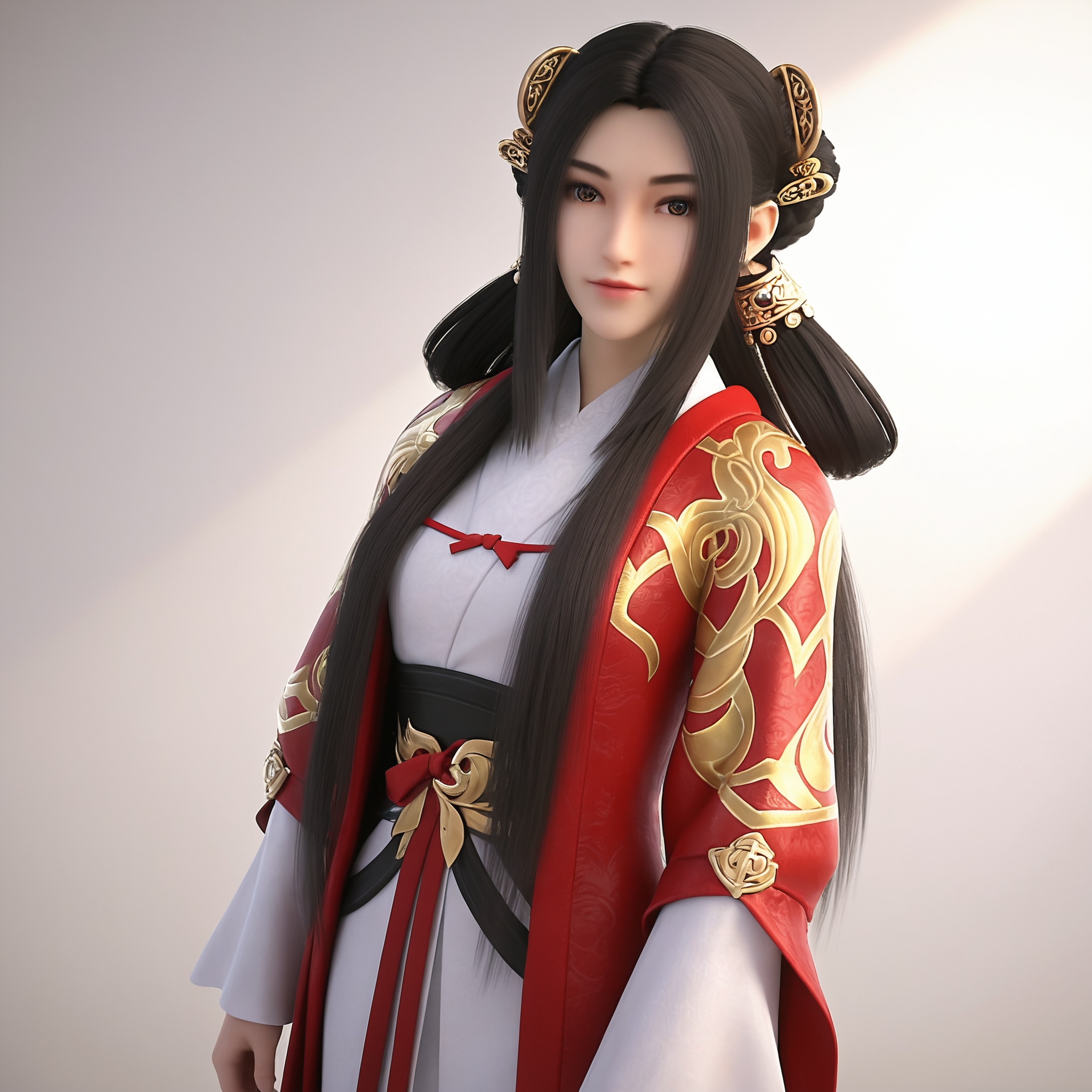 <lora:完美世界-秦怡宁Pony:0.8> 1girl, long hair, hair ornament,  brown eyes,black hair, hair rings, long sleeves, chinese clothes,  red robe,white dress,sash,, realistic style photo,outstanding style,adding a touch of dimension to your images without compromising details,whirls of vapor,ethereal ambiance,delicate details,magical atmosphere,concept art,highly detailed,ultra-high resolution,32K UHD,sharp focus,best-quality,masterpiece,golden hour,unconventional supreme masterpiece,masterful details,temperate atmosphere,with a high-end texture,in the style of fashion photography,magazine style,Dynamic Angle,Dynamic posture,(cowboy_shot:1.2),depth of field,lens flare,extreme aesthetic,masterpiece,best quality,good quality,newest,year 2025,very aesthetic,absurdres,Visual impact,A shot with tension,ultra-high resolution,32K UHD,sharp focus,best-quality,masterpiece,Emotionalization,unconventional supreme masterpiece,masterful details,temperate atmosphere,with a high-end texture,in the style of fashion photography,(Visual impact:1.2),giving the poster a dynamic and visually striking appearance,, realistic style,white background,upper body,looking at viewer,dynamic posture,