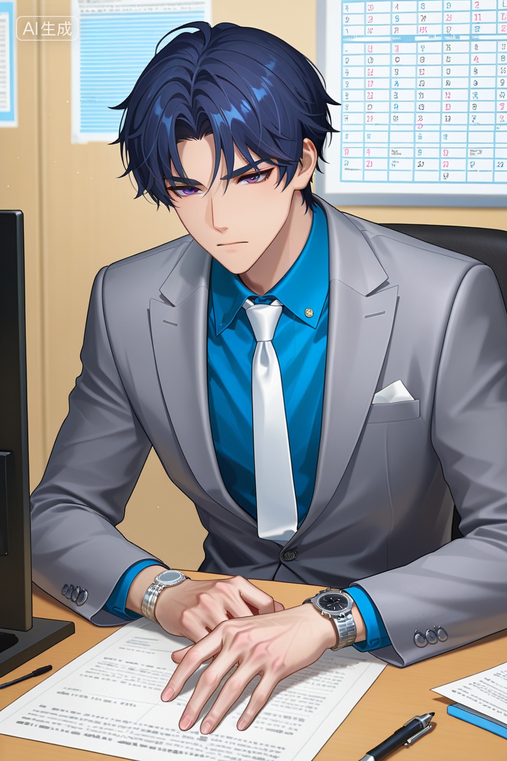 hh,anime-style digital illustration of a young man with short,dark blue hair and purple eyes,sitting at a desk in a modern office setting. He is wearing a light gray suit with a blue shirt and white tie,and his hands are folded in front of him. He has a serious expression on his face. In the background,there are charts and graphs on the wall. On the desk in front of him,there is a tablet with a blue waveform graph on the screen,a black pen,and a few papers. The lighting is soft,and the colors are clean and vibrant. The young man has a slim build and a sharp jawline,and his skin is fair. He is wearing a silver watch on his left wrist. The style is detailed and polished,with a focus on the characters expression and attire. The image has a high level of detail and a professional,polished look. The desk is in the foreground,and the background is slightly blurred,focusing attention on the character. The image has a watermark in the bottom right corner. The young mans hair is slightly messy,and his eyebrows are slightly raised. The lighting is even,and there are no harsh shadows.,, Negative prompt: low quality,blurry,bad anatomy,disfigured,poorly-drawn face,abnormal body proportions,extra limbs,watermark,signature,(worst quality:1.6),(low quality:1.6),(normal quality:1.6),(watermark:1.2),(bad anatomy:1.2),(bad fingers,:1.8),(signature:1.2),error,worst quality,low quality,sketches,lowres,monochrome,grayscale,worstquality,text,logo,cropped,bad proportions,out of focus,username,bad body,long body,long neck,deformed,bad hands,mutated hands and fingers,malformed hands,poorly drawn hands,mutated hands,too many fingers,extra limb,,nsfw, Steps: 30, Sampler: Euler a, CFG scale: 7.0, Seed: 1239763070, Size: 1024x1536, Model hash: e24e9cdf73, Model: 星美XM-ILL-3DCG-V1.0_1.safetensors, Denoising strength: 0, RNG: CPU, Lora 1: ereyutyiuyo, Lora Hash 1: cfcc851c28, Lora Weight 1: 0.8, vae_name: automatic