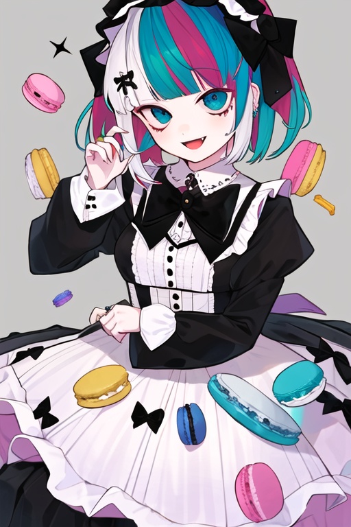 CH, high contrast, 1girl, solo, looking at viewer, smile, short hair, open mouth, bangs, hair ornament, long sleeves, dress, bow, holding, jewelry, multicolored hair, hairband, food, black dress, lolita fashion, gothic lolita, lolita hairband, macaron