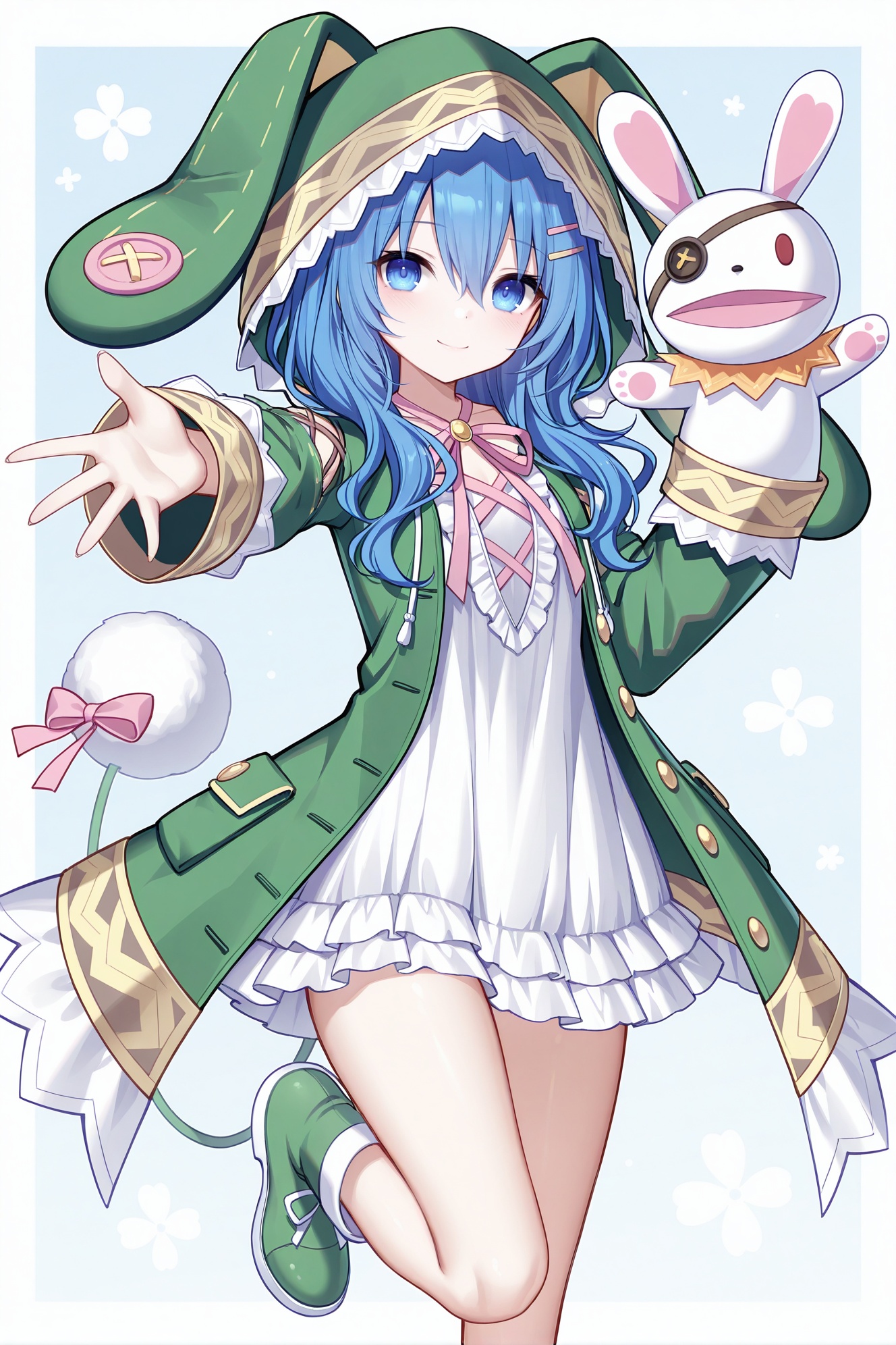 masterpiece, best quality, newest, absurdres, highres,(quan \(kurisu tina\):0.6, ),(rimuu:0.5),(mignon:0.5),(sheya:0.5)  himekawa yoshino(serei), 1girl, blue hair, blue eyes, long hair,  hairclip, coat,hood up,hand puppet,green footwear, smile,outstretched arm, <lora:YoshinoXLNAI:1>