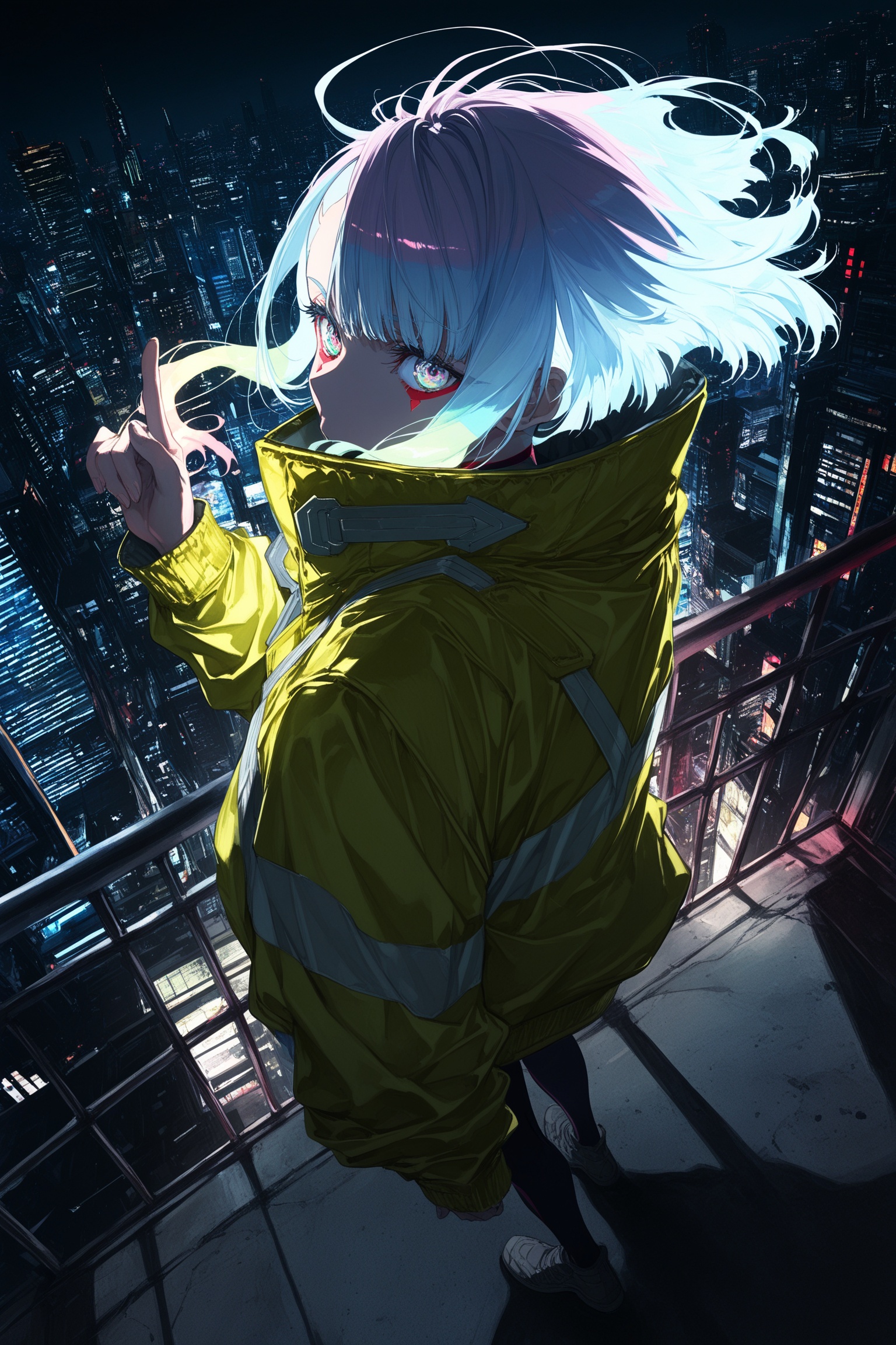 from_above,dutch angle,lucy \(cyberpunk\),cyberpunk: edgerunners,cyberpunk \(series\),1girl,full_body,alternate costume,arm at side,borrowed clothes,building,city,cityscape,collared jacket,covered mouth,cyberpunk,dark,eyeliner,floating hair,from behind,green eyes,hair over face,hair over mouth,hair over one eye,high collar,jacket,light,looking at viewer,looking back,makeup,multicolored eyes,night,one eye covered,outdoors,parted bangs,purple eyes,red eyeliner,shadow,short hair,short hair with long locks,sidelocks,skyline,skyscraper,solo,standing,white hair,wind,yellow jacket,banpai akira,[yoneyama mai,mika pikazo,(quasarcake:0.8),(onono imoko:0.6),rei \(sanbonzakura\),(cogecha:0.8)],scenery,sparkling eyes,fiery hair,hand up,pointing up,