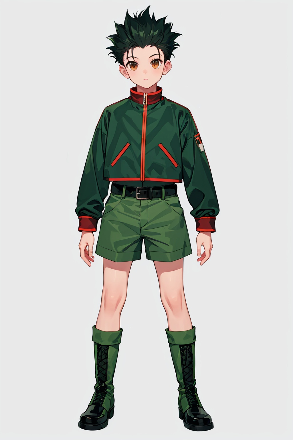 masterpiece,best quality, highly detailed, 1boy,gon freecss,green jacket,green shorts,long sleeves,male focus,belt,full body,solo,boots,closed mouth,green footwear,simple background,white background,looking at viewer,<lora:gon_freecss:1>