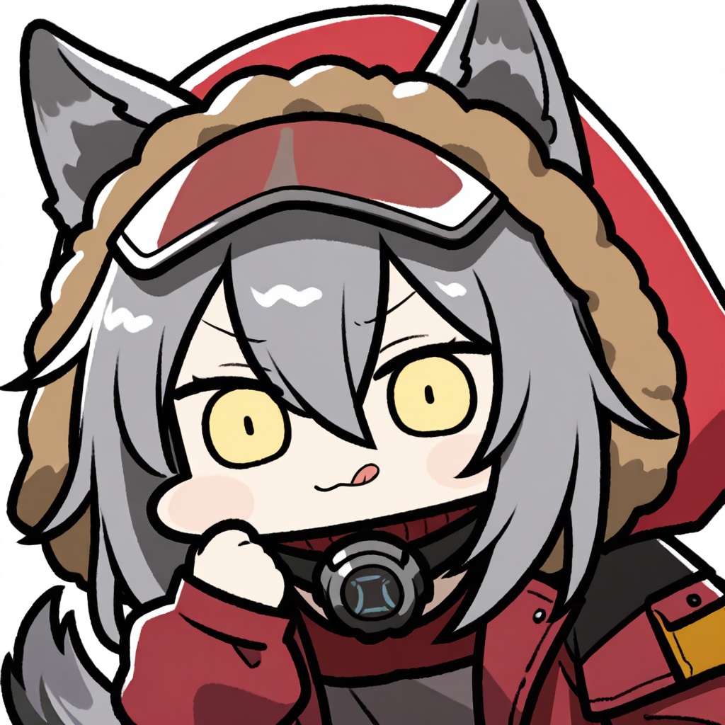 chibi,1girl,solo,upper body,projekt red \(arknights\),arknights,animal ears,wolf ears,grey hair,hair between eyes,wolf girl,yellow eyes,tail,wolf tail,long hair,,:q, ,white background,simple background,<lora:JazzJack_noob1:0.9>,