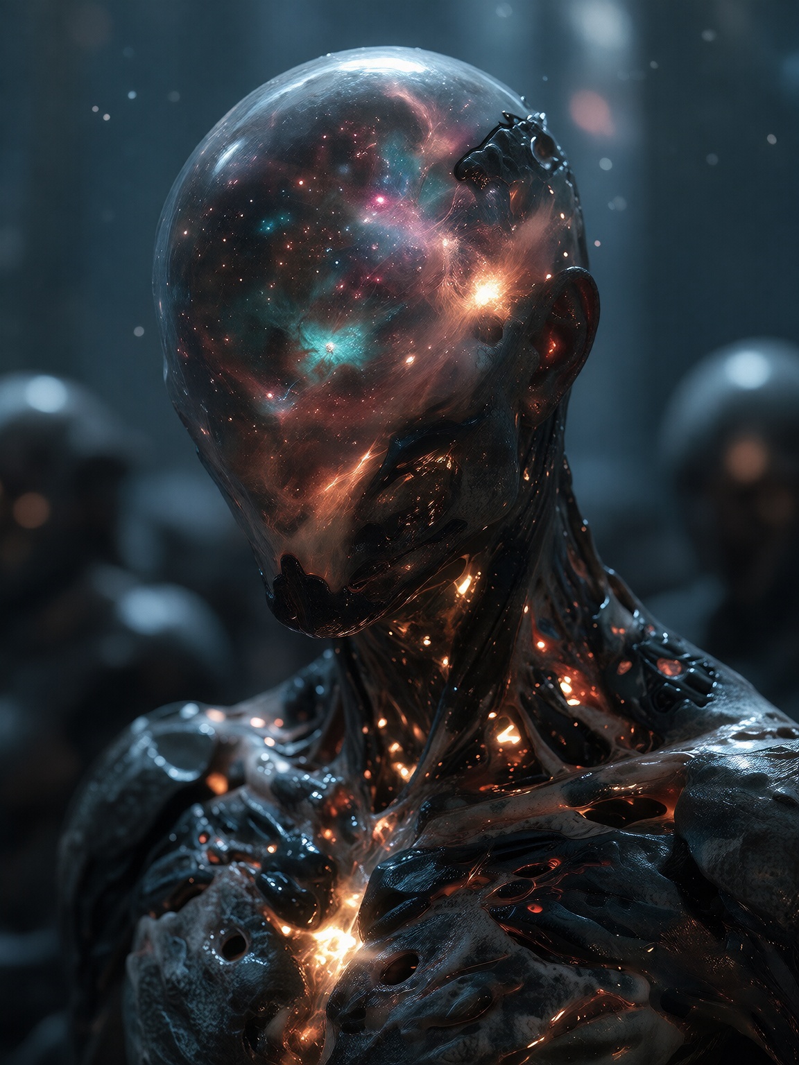 A cosmic entity,  its skin textured like molten rock and glowing with internal fiery light,  fades into a nebula of stardu...