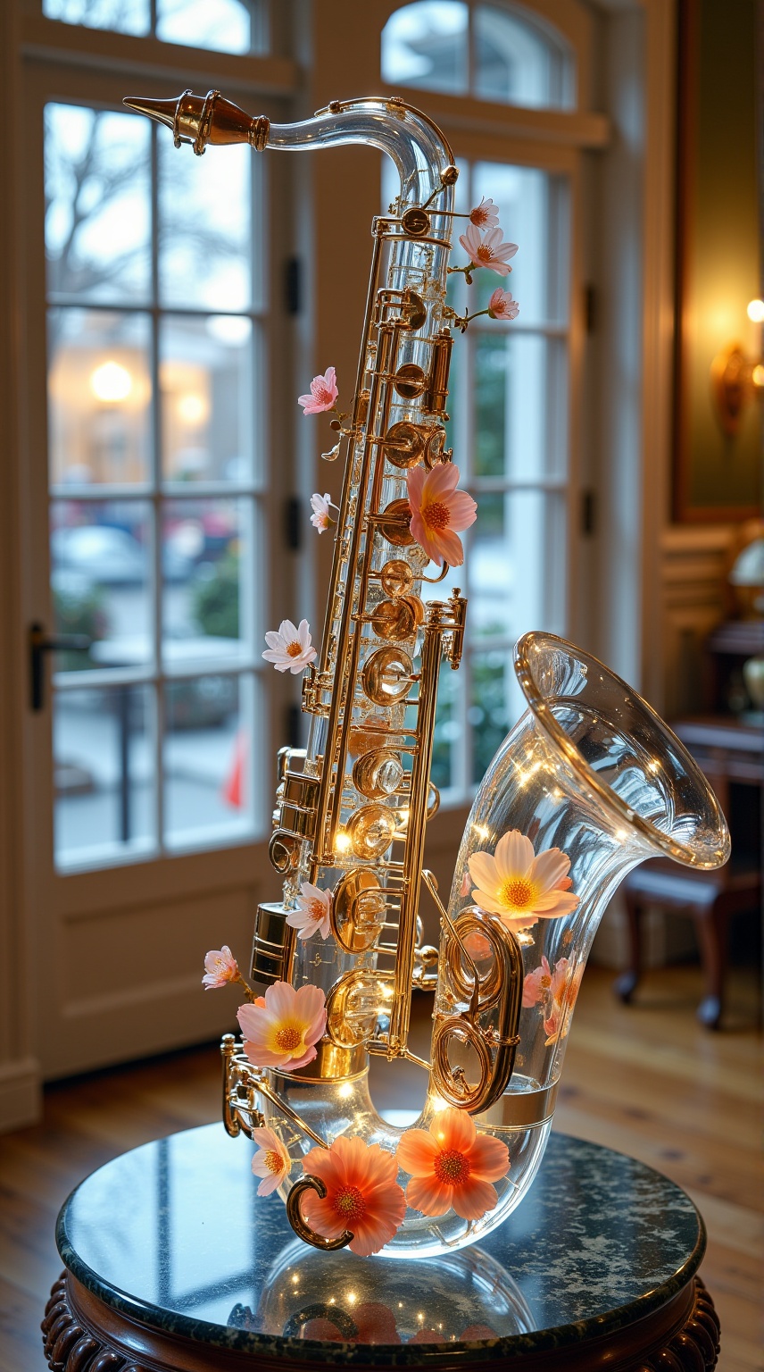 Floral instruments, A Clear Glass Saxophone with a Flowery Decoration, Sitting on Top of an Antique Table in Front of French Doors. 