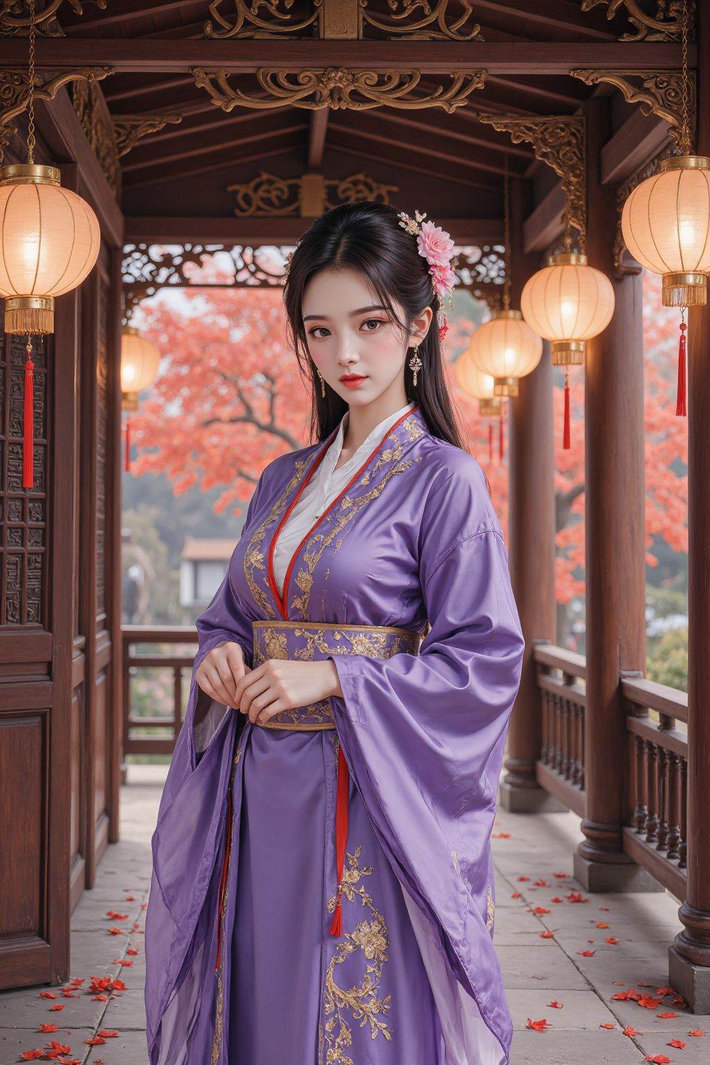This is a highly detailed, digital illustration depicting a young woman of East Asian descent standing inside a traditional, ornate wooden pavilion. She is dressed in a luxurious, purple silk kimono adorned with intricate gold embroidery and red accents. The kimono's sleeves are wide and flowing, and she wears it with a white undergarment visible at the collar and cuffs. Her dark, straight hair is adorned with a floral hairpin, and her makeup is meticulously applied, featuring bold, red lipstick and delicate, dark eye makeup.The background is rich with autumnal hues, with red and orange leaves scattered around, suggesting a season transition. The pavilion is adorned with several hanging lanterns, each emitting a warm, golden light that casts a soft glow on the scene. The lanterns are intricately designed with traditional patterns and red accents, adding to the festive atmosphere. The wooden structure of the pavilion is aged and weathered, with a rustic charm, and the windows have intricate carvings that let in a soft, diffused light.The woman's serene expression and elegant posture exude a sense of grace and poise, while the overall composition and attention to detail create a harmonious and immersive experience.