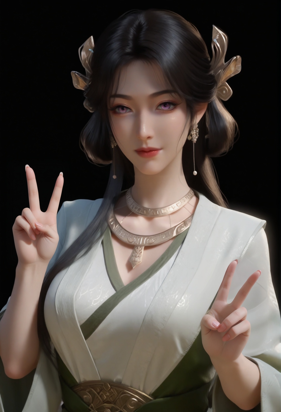 (score_9),<lora:梅凝1-Apony:0.85>,mn,(mature_female:1.1),solo,hair ornament,long hair,black hair,jewelry,earrings,necklace,long long sleeves,robe,<lora:perfect eyes_v1:0.8>,front view,bright pupils,<lora:Expressive_H-000001:0.8>,(double v),upper body,(glamor:1.2),collarbone,pointy breasts,puffy breasts,large breasts,narrow waist,curvy,simple background,black background,(white_skin:1.1),(fair_skin:1.1),
