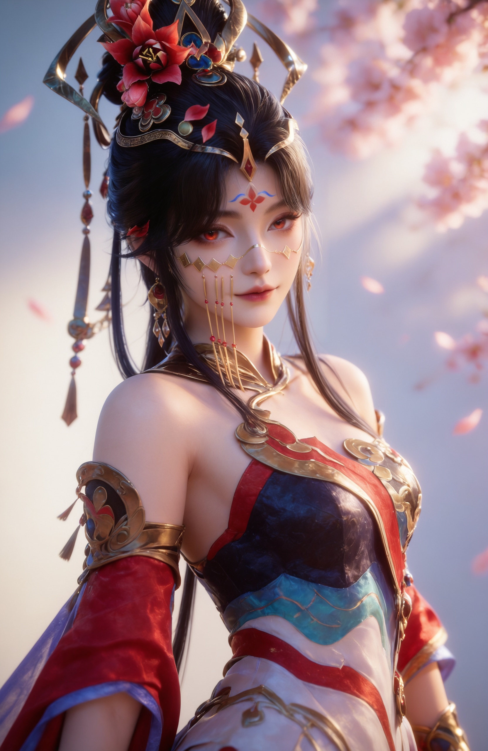 <lora:王者-貂蝉-马年限定Pony:0.7> 1girl, black hair, hair ornament, hair flower,jewelry, long hair, forehead mark, bare shoulders, red eyes, white dress, chinese clothes, detached sleeves, hair rings,, Close-up details,realistic style photo outstanding style,Use soft lighting to cast gentle shadows on the subject,adding a touch of dimension to your images without compromising details,score_9,score_8_up,score_7_up,looking at viewer,