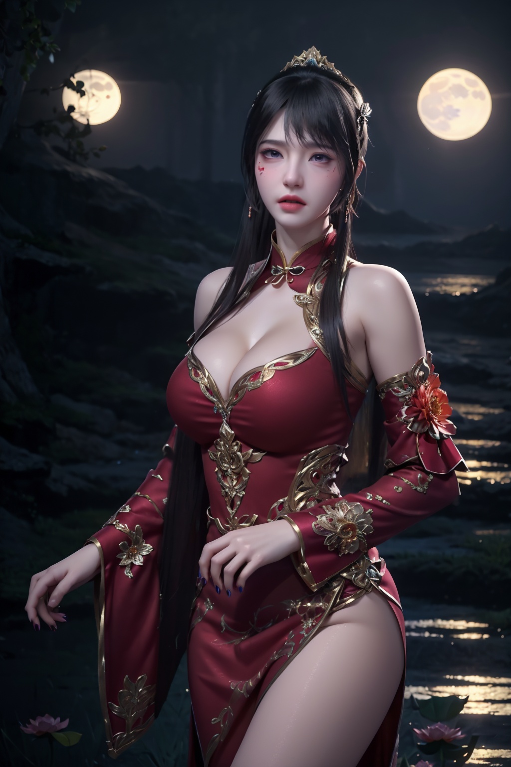standing,dress,chinese clothes,flower,full_moon,moon,night,lily_pad,lotus,moonlight,water,night_sky,lily_\(flower\),sky,partially_submerged,1girl,solo,hair ornament,long hair,realistic,nail polish,photo_\(medium\),(breasts, medium_breasts, cleavage),makeup,(8k, RAW photo, best quality, masterpiece:1.2),(realistic, photorealistic:1.3),ultra-detailed,extremely detailed cg 8k wallpaper,(crystalstexture skin:1.2),extremely delicate and beautiful,