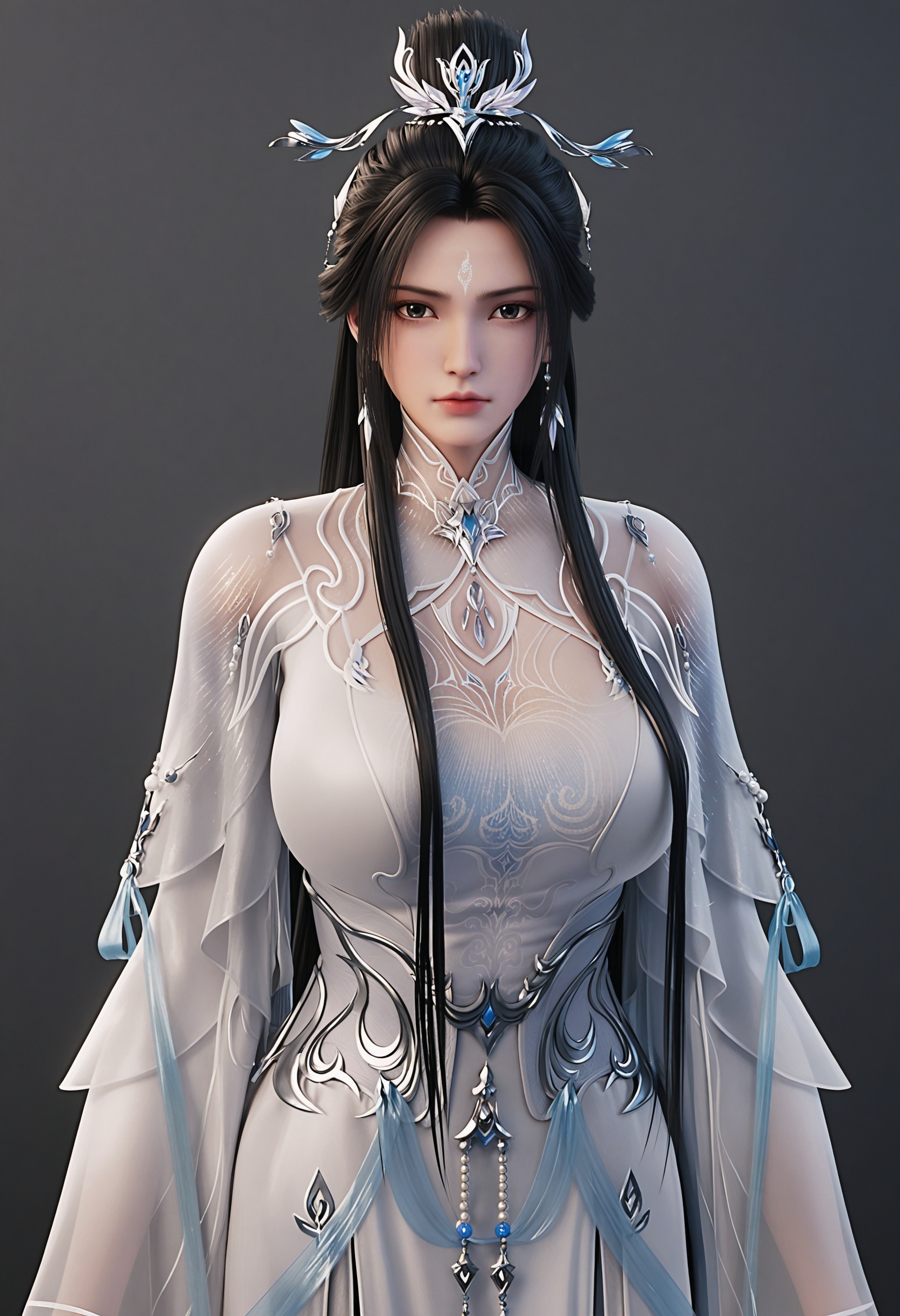 (looking at viewer:1.1),standing,(cowboy shot:1.1),(gigantic breasts:0.8),(simple background,pure black background,black background:1.1),<lora:YQ_li光辉v5_luxueqi_V2:0.8>,q1528437228,1girl,solo,earrings,black_hair,long_hair,hair_ornament,hair_bun,forehead_mark,single_hair_bun,facial_mark,dress,white_dress,chinese_clothes,long_sleeves,jewelry,