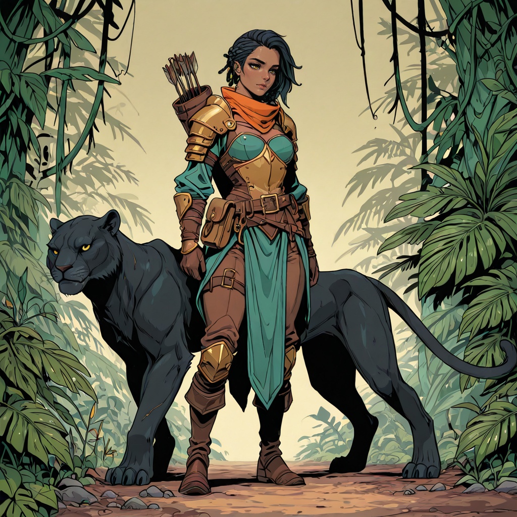 D&D Painterly,  A vibrant digital illustration featuring a young woman with dark skin and braided hair,  standing confiden...