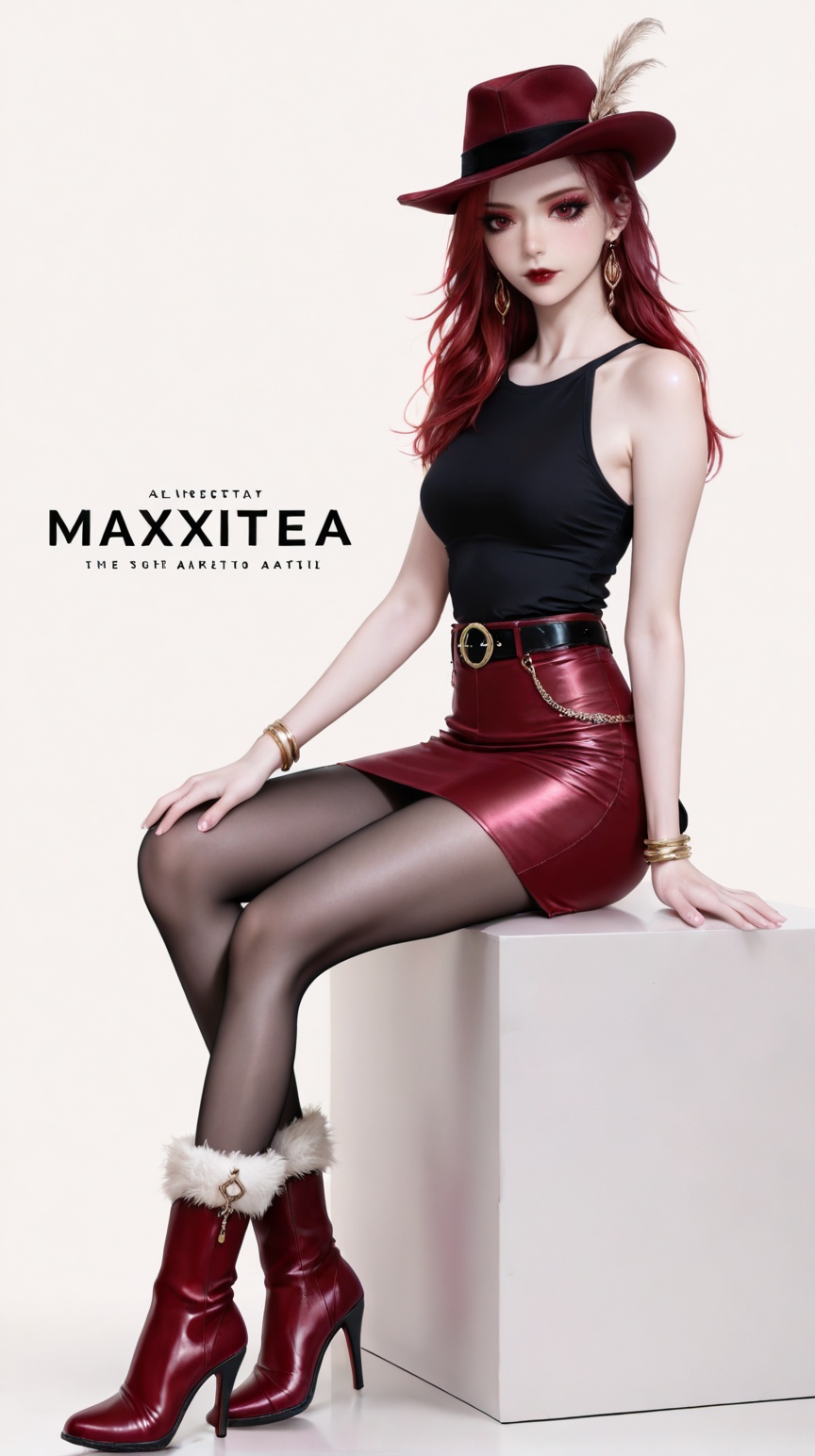 masterpiece,high quality,tall,game cg,highres,(soft light:1.2),white_skin,(shiny_skin:0.6),(realistic:1.1),<lora:马小桃·衣服百搭款·化妆:0.8>,maxiaotao,1girl,solo,earrings,jewelry,red hair,looking at viewer,red lips,makeup,long hair,white background,red eyes,eyelashes,simple background,eyeshadow,collarbone,lipstick,bare shoulders,realistic,mascara,glitter,1girl,boots,fur trim,jewelry,hat,long hair,breasts,red footwear,skirt,fur-trimmed boots,earrings,sitting,red skirt,bracelet,pants,high heels,full body,looking at viewer,belt,closed mouth,black pants,sleeveless,high heel boots,copyright name,bangle,english text,black pantyhose,cover,medium breasts,black shirt,shirt,fur-trimmed skirt,46,