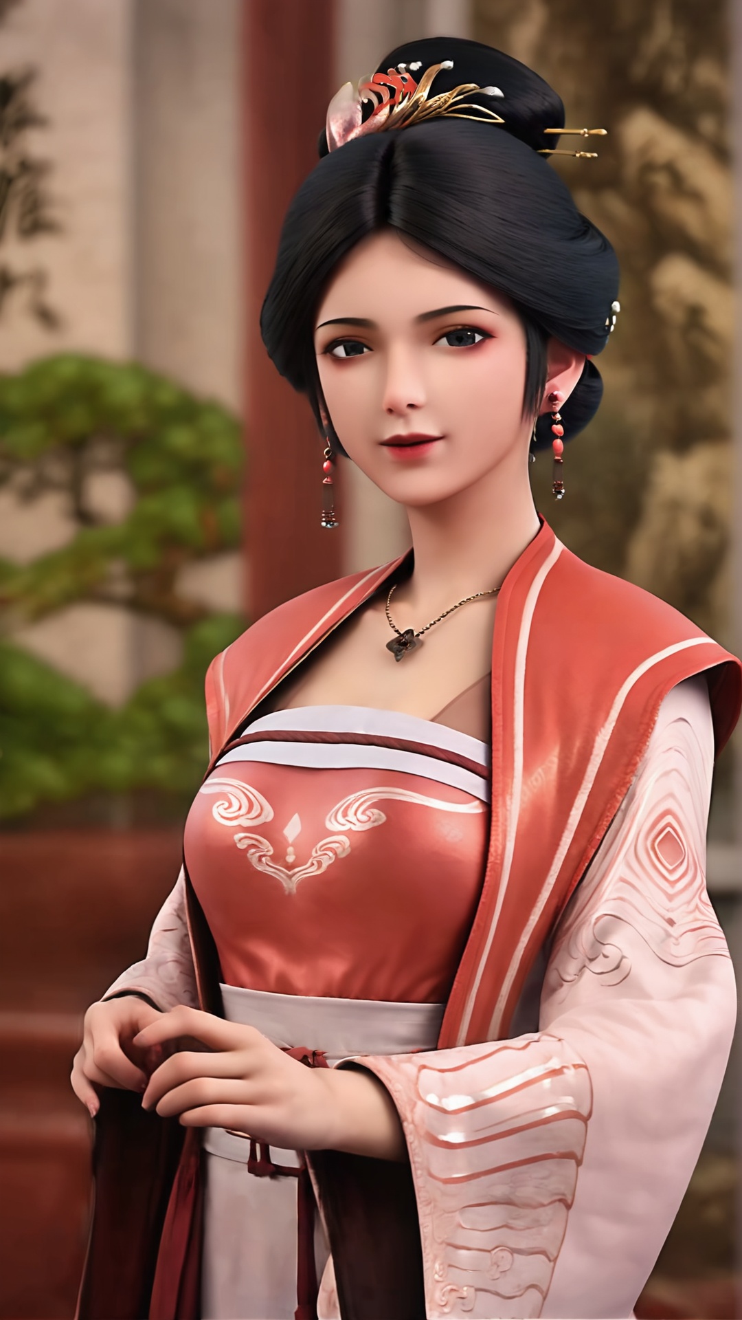 1girl,jewelry,chinese clothes,solo,earrings,black hair,necklace,blurry background,hanfu,hair ornament,holding,dress,looking at viewer,upper body,realistic,long sleeves,wide sleeves,black eyes,<lora:lora.by_tusi:0.8>,<lora:kong_皮肤纹理V2.0:0.6>,