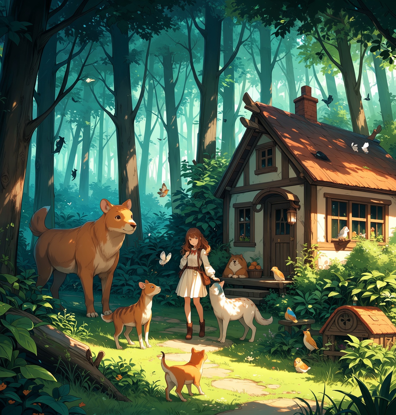 girl is in the forest,  surrounded by animals. The atmosphere is fantastical,  and there is a wooden cottage nearby. on Te...