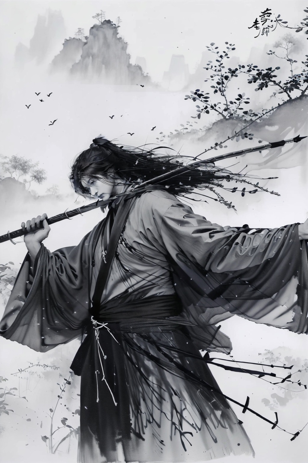 shuimo,<lora:**_v1.0:0.8>,archer girl,emerald hunting gear,jungle hunt,morning dew shimmer,arrows and arrows departing from the strings,animal companions traveling together,natural harmony,green and brown intertwined,ecological composition,tracking perspective,grayscale,monochrome,black and white ink painting scroll,