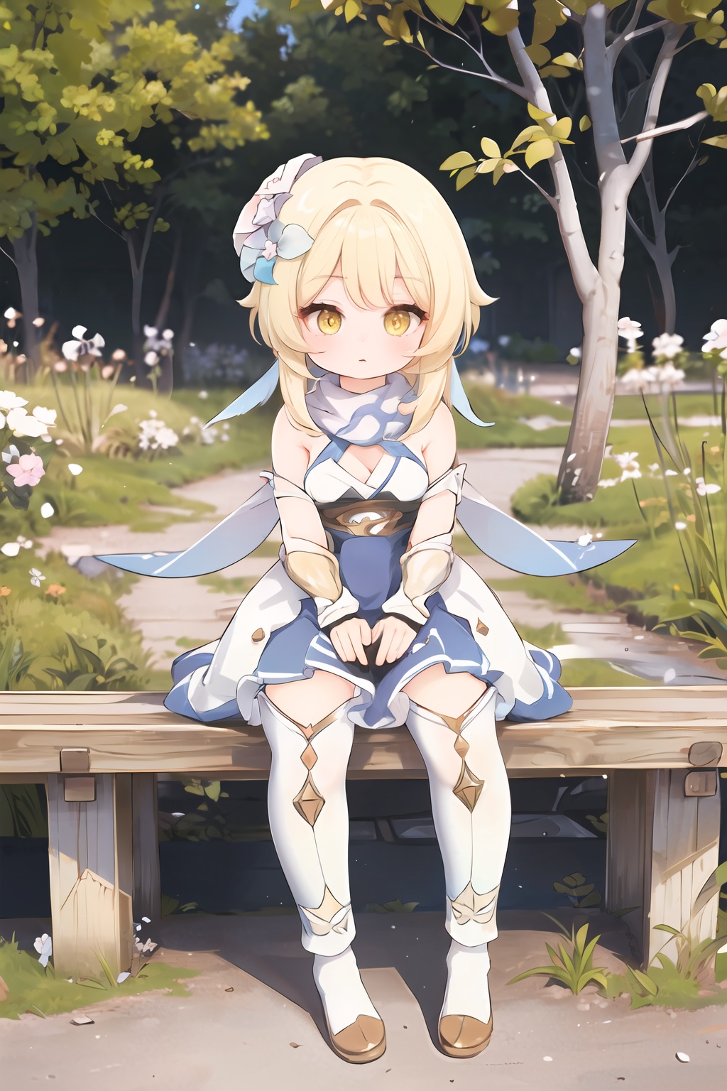 insanely detailed,absurdres,ultra-highres,ultra-detailed,best quality,slender,kawaii,perfect symmetrical face,ultra cute girl,ultra cute face,ultra detailed eyes,ultra detailed hair,ultra cute,ultra beautifu,1girl,lumine \(genshin impact\),solo,dress,detached sleeves,thigh boots,partially fingerless gloves,breasts,bare shoulders,white footwear,scarf,outdoors,yellow eyes,loli,sitting,<lora:lumine-000008:0.9>,