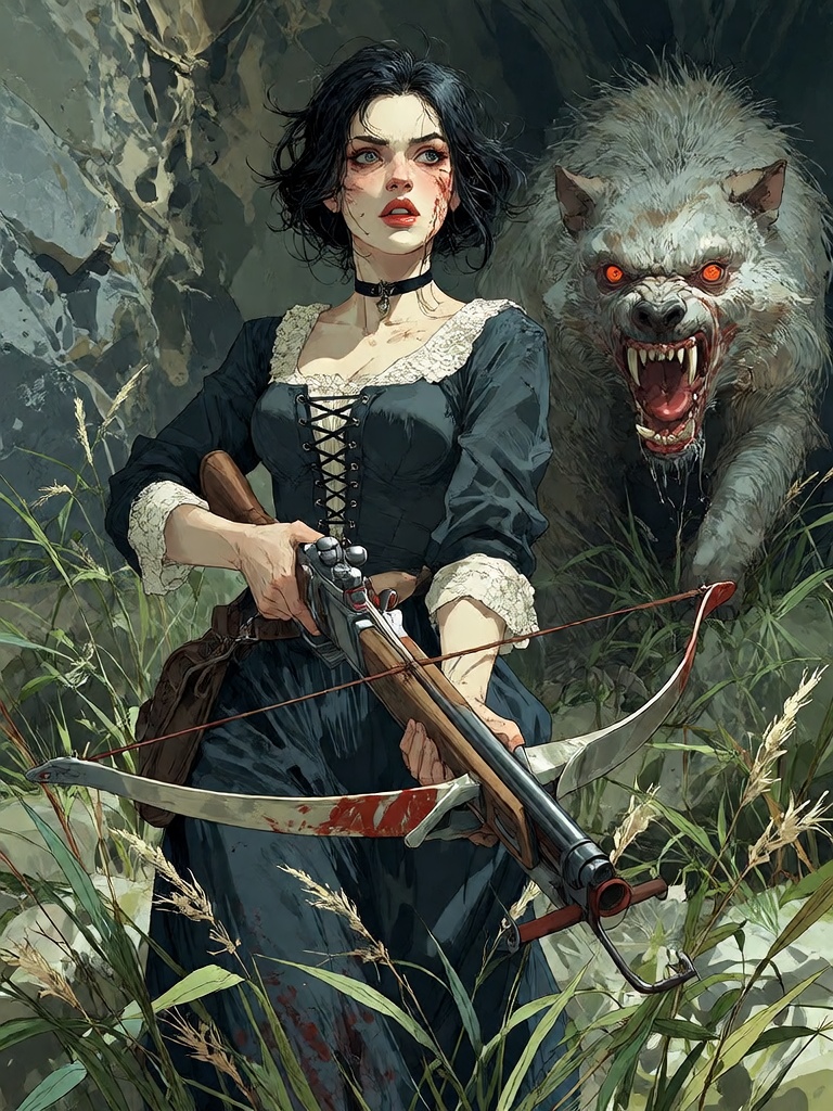 Bradhamel art style. A young woman with dark,  messy hair and pale skin,  wearing a dark Victorian-style dress with lace c...