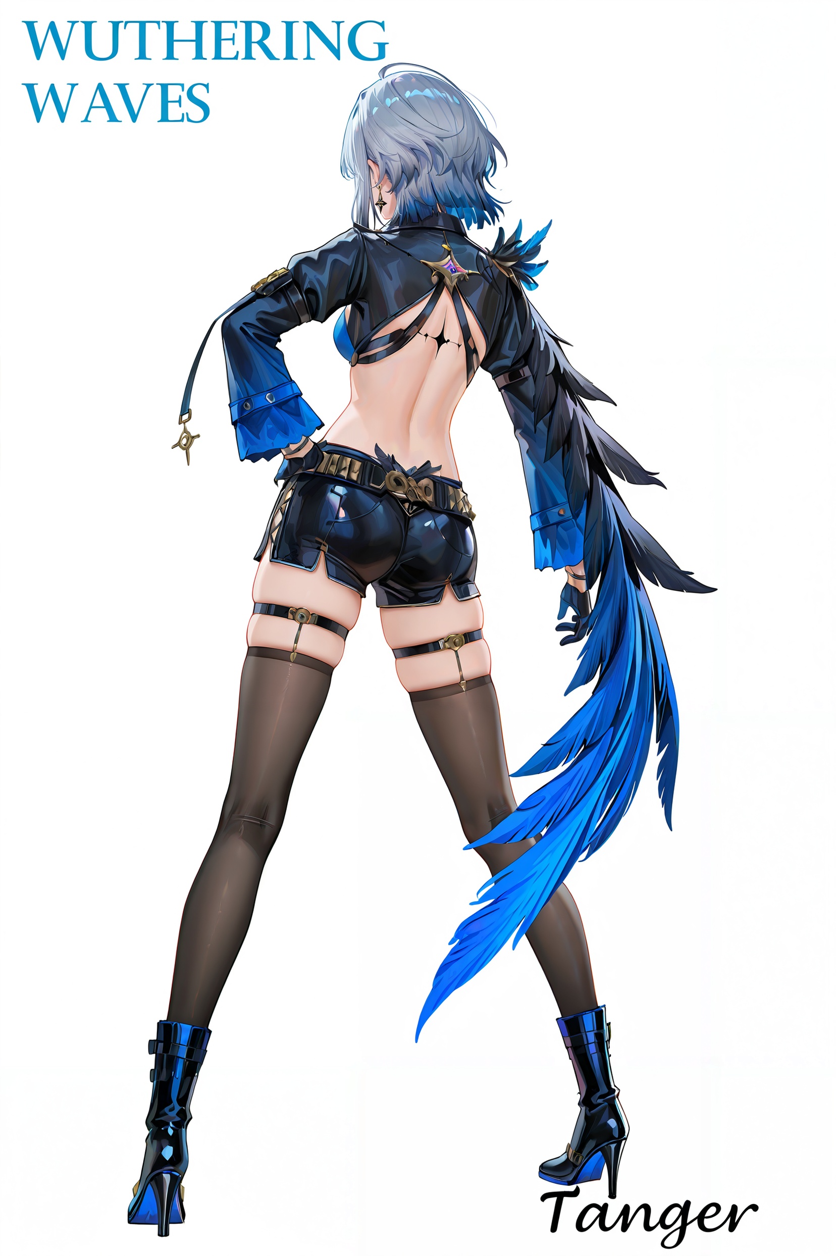 8k,best quality,masterpiece,(ultra-detailed),(high detailed skin),((artist:reoen),(artist:fuzichoco),(artist:atdan),(artist:torino_aqua),year 2024:0.8)1girl,[artist:wlop],[artist:ningen_mame],artist:ciloranko,[[artist:rhasta]],artist:tidsean,colorful,full body,full shot,standing,(solo:1.2),simple background,(white background:1.2),hand on own hip,(white background:1.1),from behind,<lora:Galbrena-noob-Tanger:0.8>,Galbrena \(Wuthering Waves\),Galbrenadef,clothes: Galbrenadef clothes,Galbrenadef black shorts,Single-Shoulder Feathered black Capelet,Galbrenadef blue-and-black Hip Drapes,Galbrenadef black-and-blue long sleeves,Galbrenadef asymmetric black thighhighs,Galbrenadef asymmetric black-and-blue gloves,1girl,solo,breasts,boots,navel,gloves,cleavage,jewelry,thigh strap,earrings,black footwear,grey hair,pantyhose,(pantyhose:0.5),Capelet,Tacet Mark,back black Symmetrical Star tattoo,