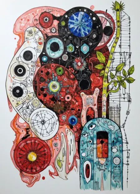 Mategake art style: A vibrant,  abstract watercolor painting featuring a dynamic composition of swirling organic shapes,...