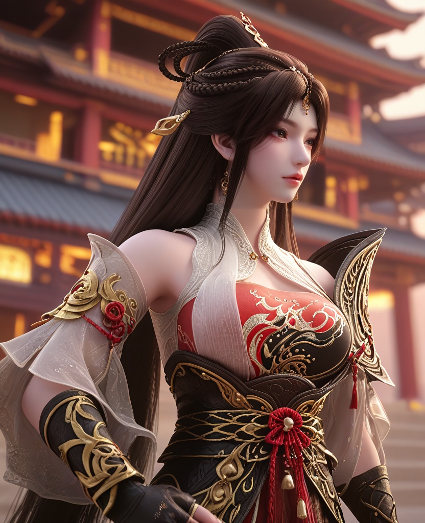 (oriental architecture, elegant decor, sophisticated style:1.1),(Rubbing nose against shoulder blade,:1.1),(close-up:1.1),(large breasts:1.2),<lora:XL16云深不知梦羲和第7集封魔祭典:0.95>,miss xihe,two-tone black and red corset dress,left pauldron,black hair,very long hair,half-up crown ponytail with long cascading hair,hair ornament,jewelry,black fingerless gloves,sash,, score_9,score_8_up,score_7_up,score_6_up,score_5_up,score_4_up,3d rendering,tag1,tag2, Cinematic Lighting,backlighting,