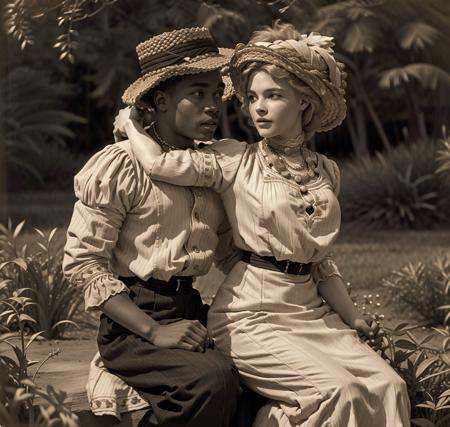 a white woman in a dress seducing an African farmboy 1905_dr3ss on Tensor.Art