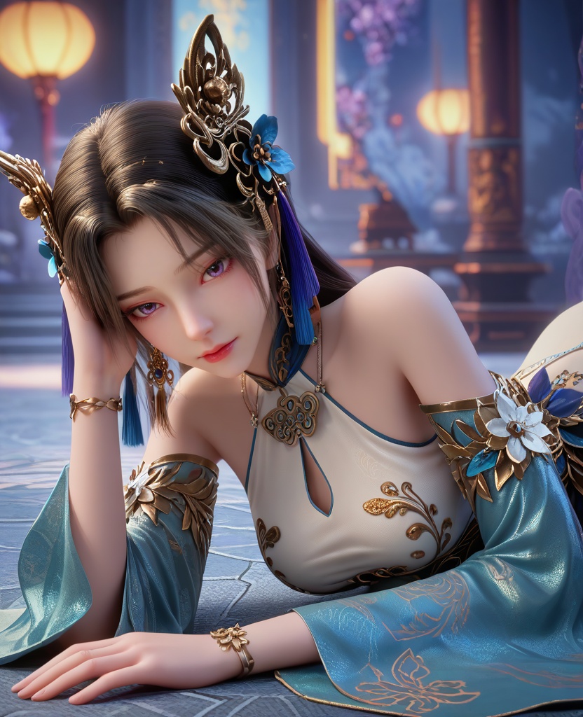 (oriental architecture, elegant decor, sophisticated style:1.1),(lying against the ground, hand on head:1.1),(breasts:1.2),<lora:XL16克金玩家璎珞:0.95>,miss yingluo,blue peplum gown with white corset,violet eyes,black hair,long hair,hair ornament,necklace,jewelry,bracelet,black pantyhose,wide flowing sleeves,faux floral embellishments,, score_9,score_8_up,score_7_up,score_6_up,score_5_up,score_4_up,3d rendering,tag1,tag2, Cinematic Lighting,backlighting,, zPDXL3, zPDXL2,zPDXL, zPDXLxxx, zPDXLrl,