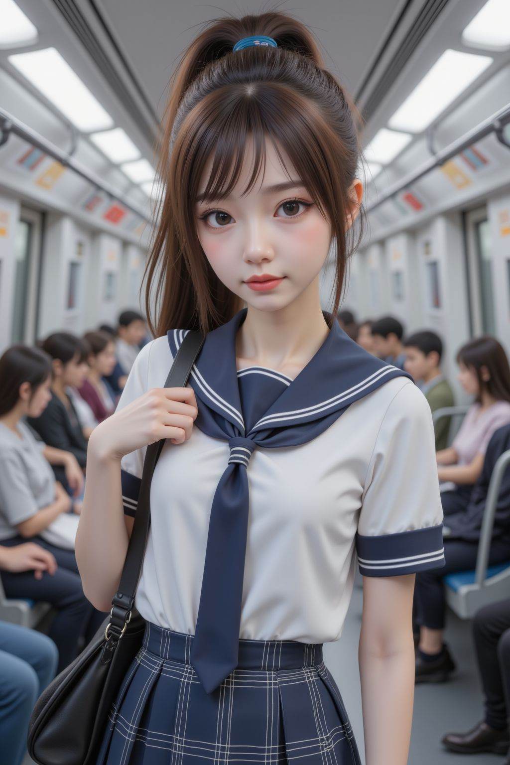 This is a highly detailed CGI image of a young girl standing in a modern, well-lit subway car. She has fair skin, large brown eyes, and long brown hair tied in a ponytail. She is dressed in a white sailor-style school uniform with a navy collar and tie, and a short blue plaid skirt. She carries a black bag over her shoulder. The background shows other passengers and a clean, orderly interior. The image is highly realistic, with a focus on the woman's cute, youthful appearance.