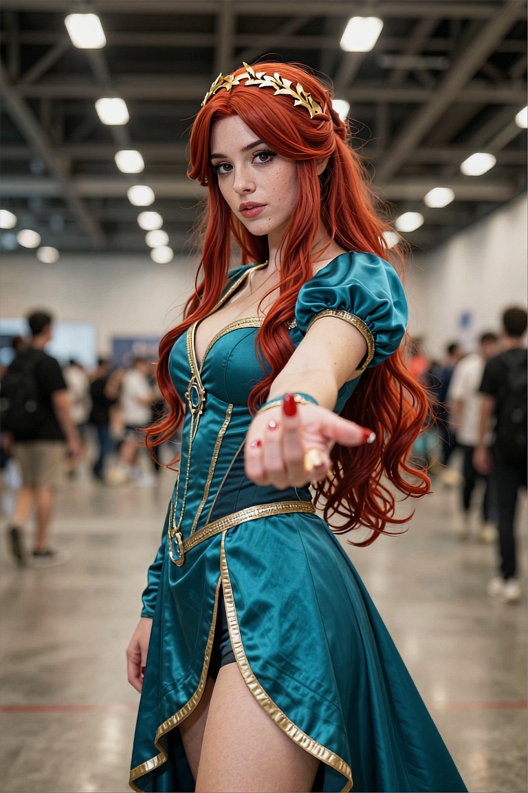The image captures a cosplayer in a large indoor convention hall with a high ceiling supported by exposed metal beams and...