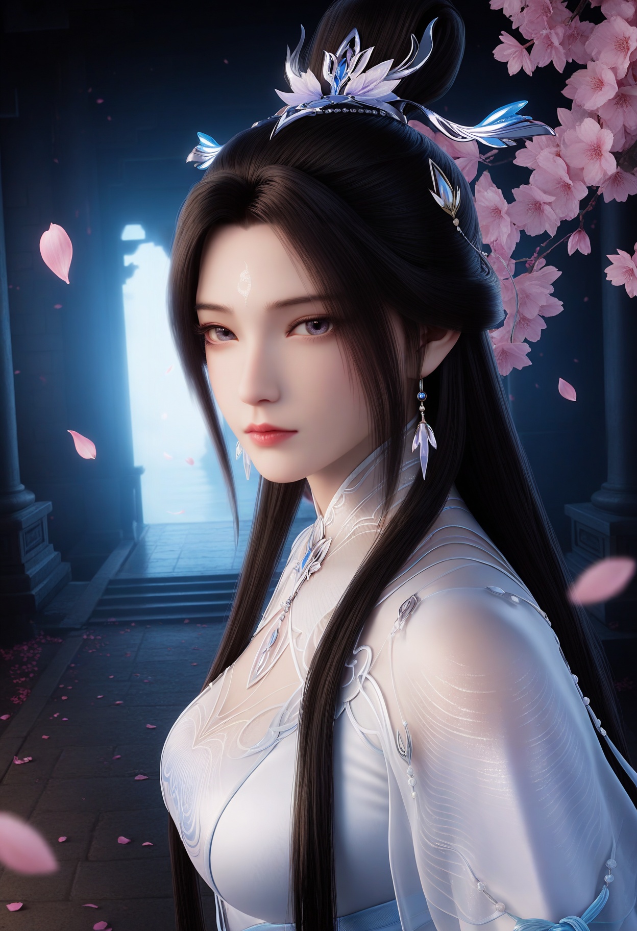 masterpiece,best quality,amazing quality,very aesthetic,high resolution,ultra-detailed,absurdres,scenery,photorealistic,(looking at viewer:1.1),upper body,(Dark room:1.3),(moody lighting:1.1),peach blossom,falling petals,medium breasts,luxueqi,1girl,solo,black hair,long hair,dress,jewelry,earrings,hair ornament,forehead mark,white dress,hair bun,realistic,chinese clothes,shoes BREAK photorealistic details,<lora:QQSillluxueqiV1:0.8>,