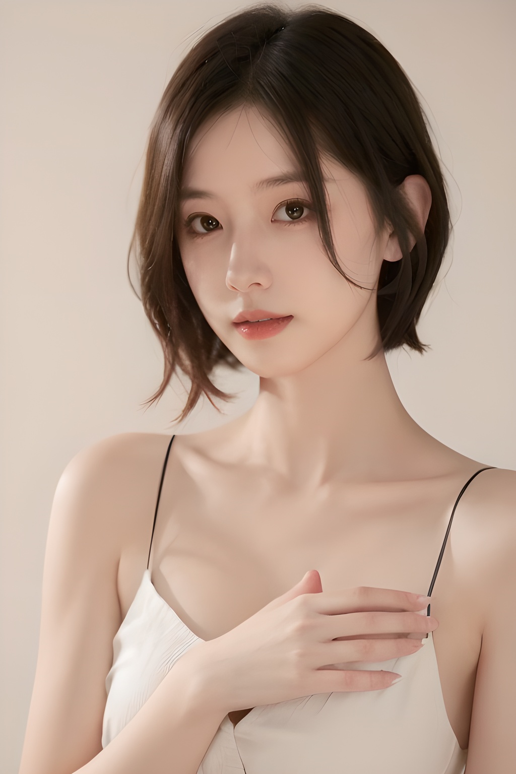 <lora:0826_08:0.7>best quality,masterpiece,4k,1girl,upper body,Cover your chest with one hand,solo,skinny,short hair,, 1girl,realistic,masterpiece, best quality, photorealistic, HDR,detail
